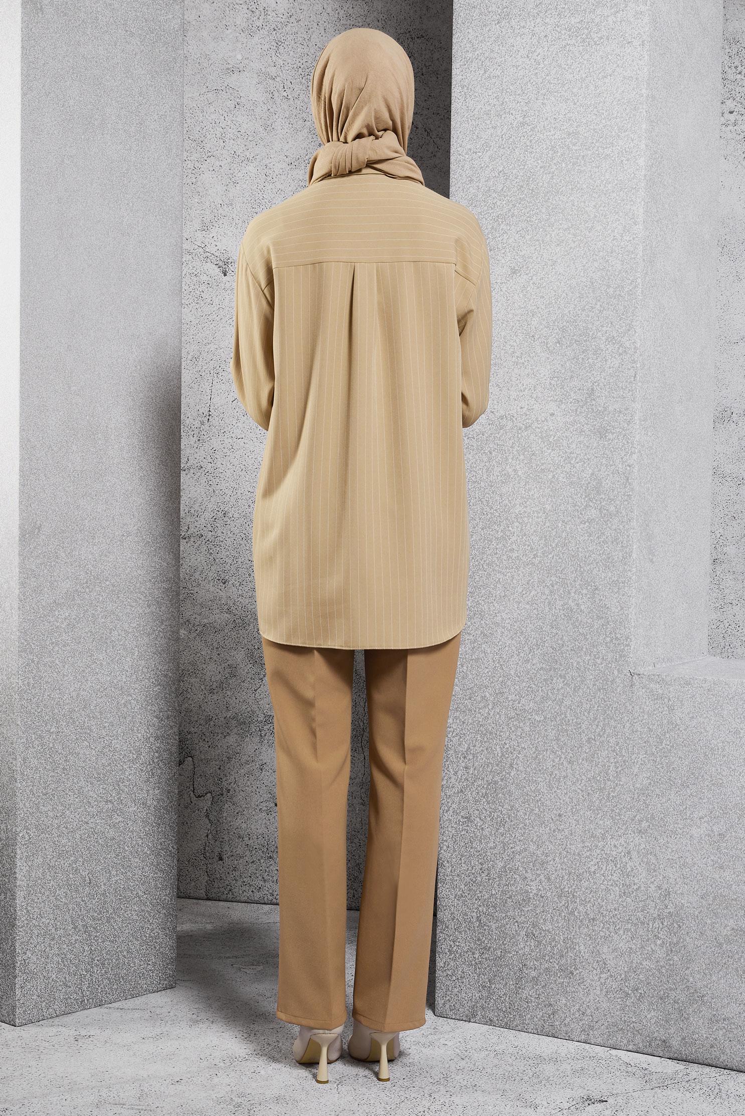 Tesettür giyim KAHVE İŞLEME DETAYLI ÇİZGİLİ TUNİK 45048