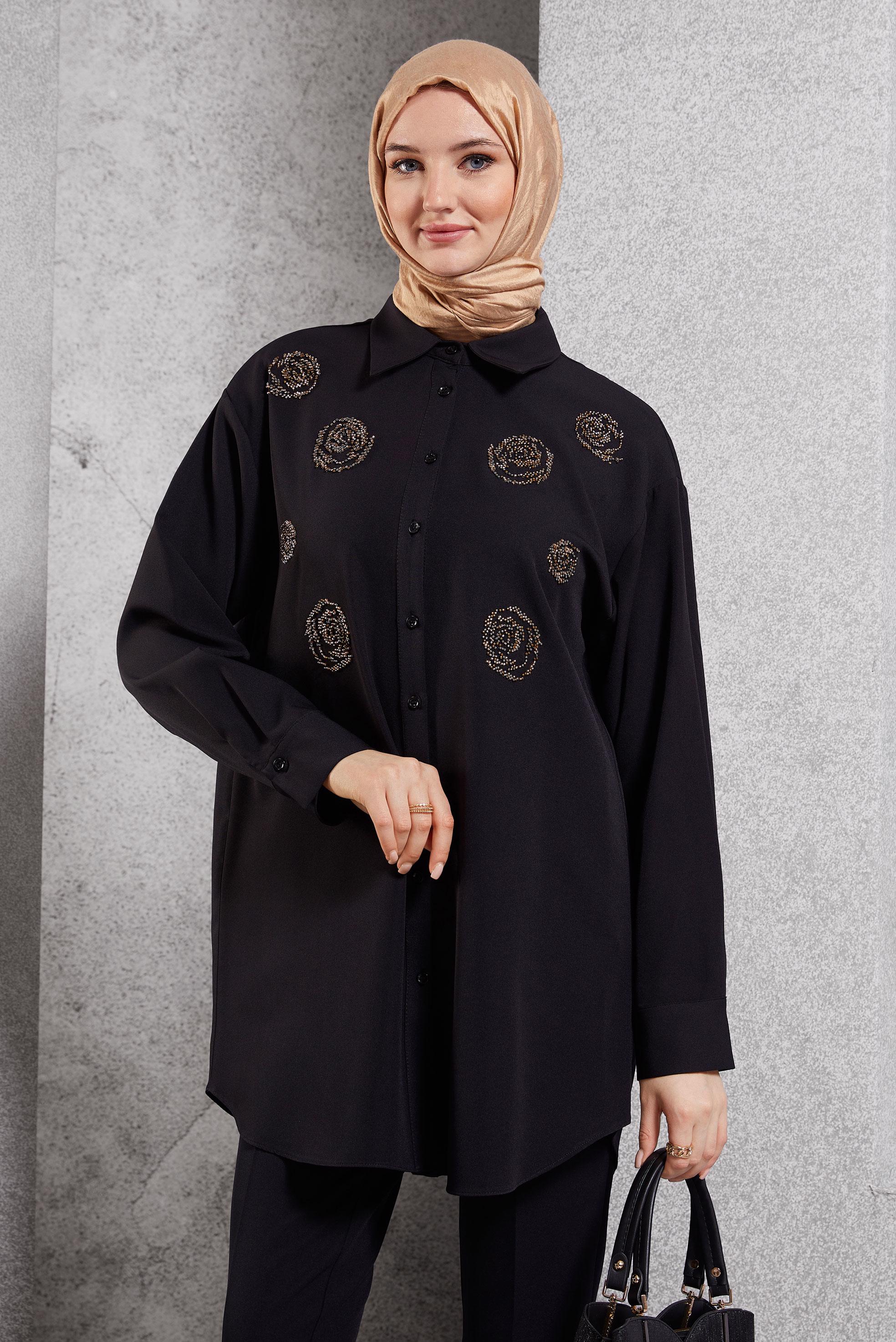 Tesettür giyim SİYAH BONCUK İŞLEMELİ TUNİK 45049