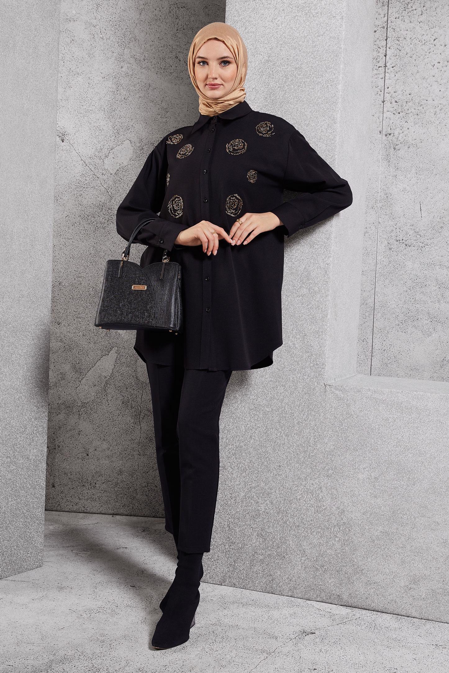 Tesettür giyim SİYAH BONCUK İŞLEMELİ TUNİK 45049