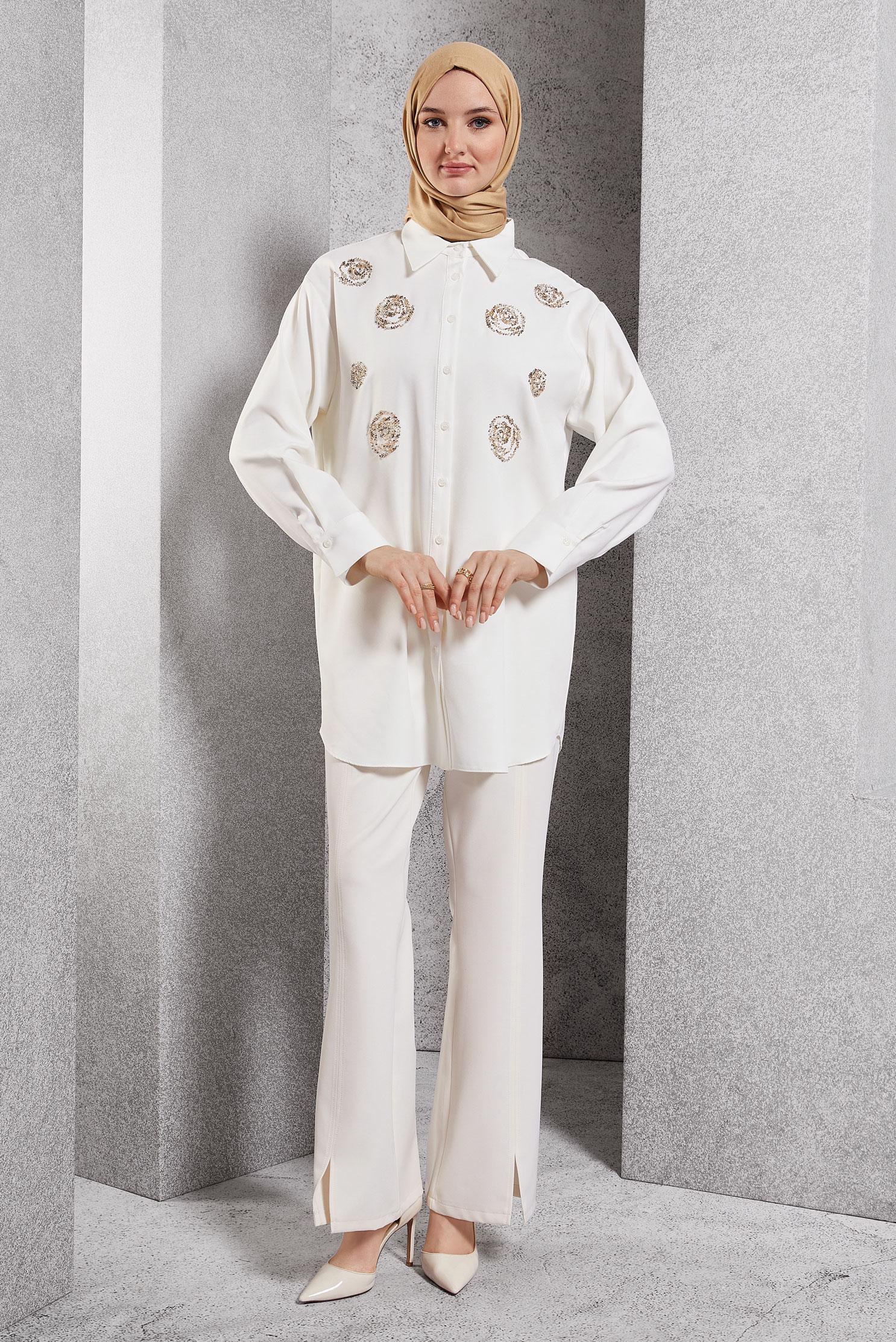 Tesettür giyim BEYAZ BONCUK İŞLEMELİ TUNİK 45049