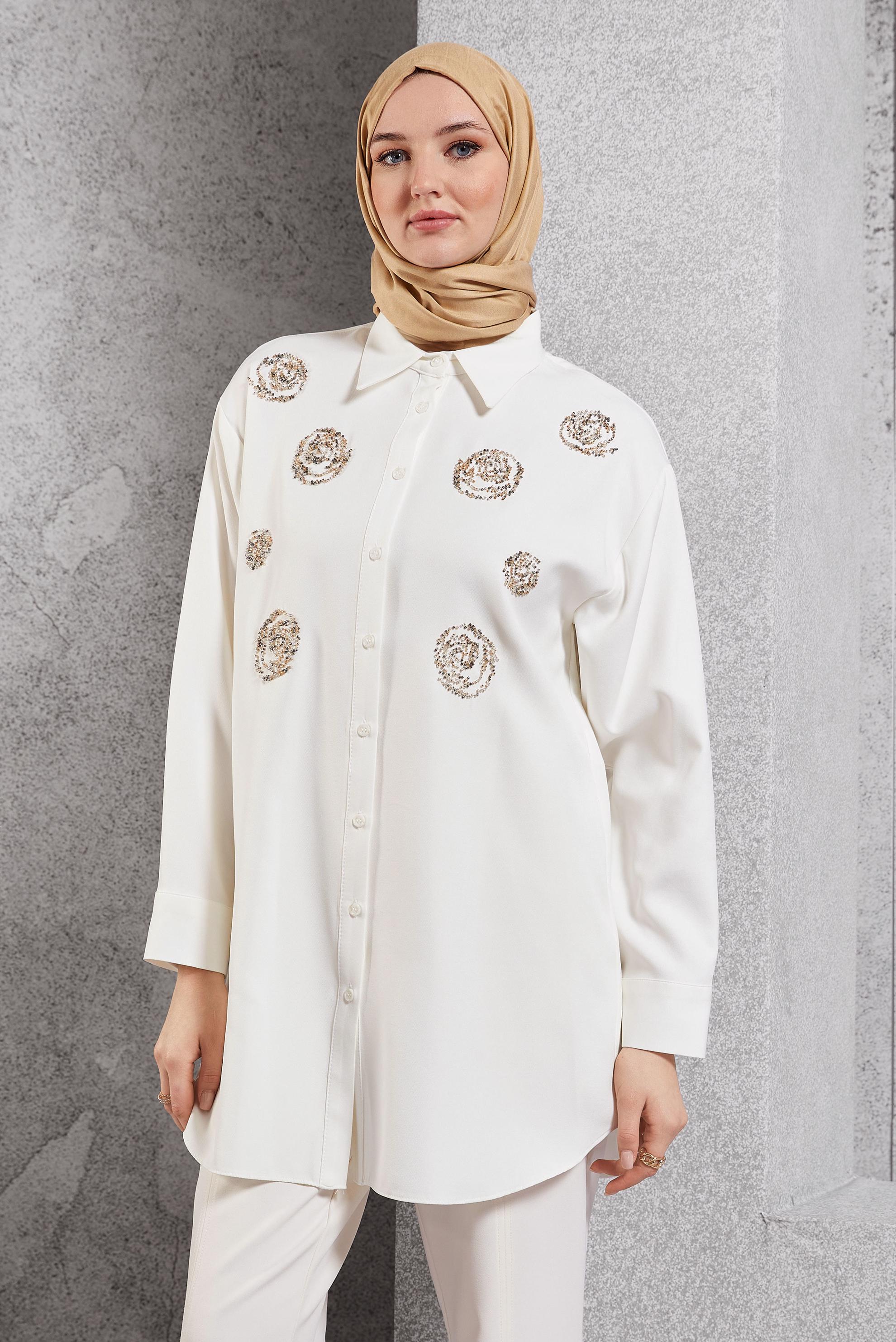 Tesettür giyim BEYAZ BONCUK İŞLEMELİ TUNİK 45049