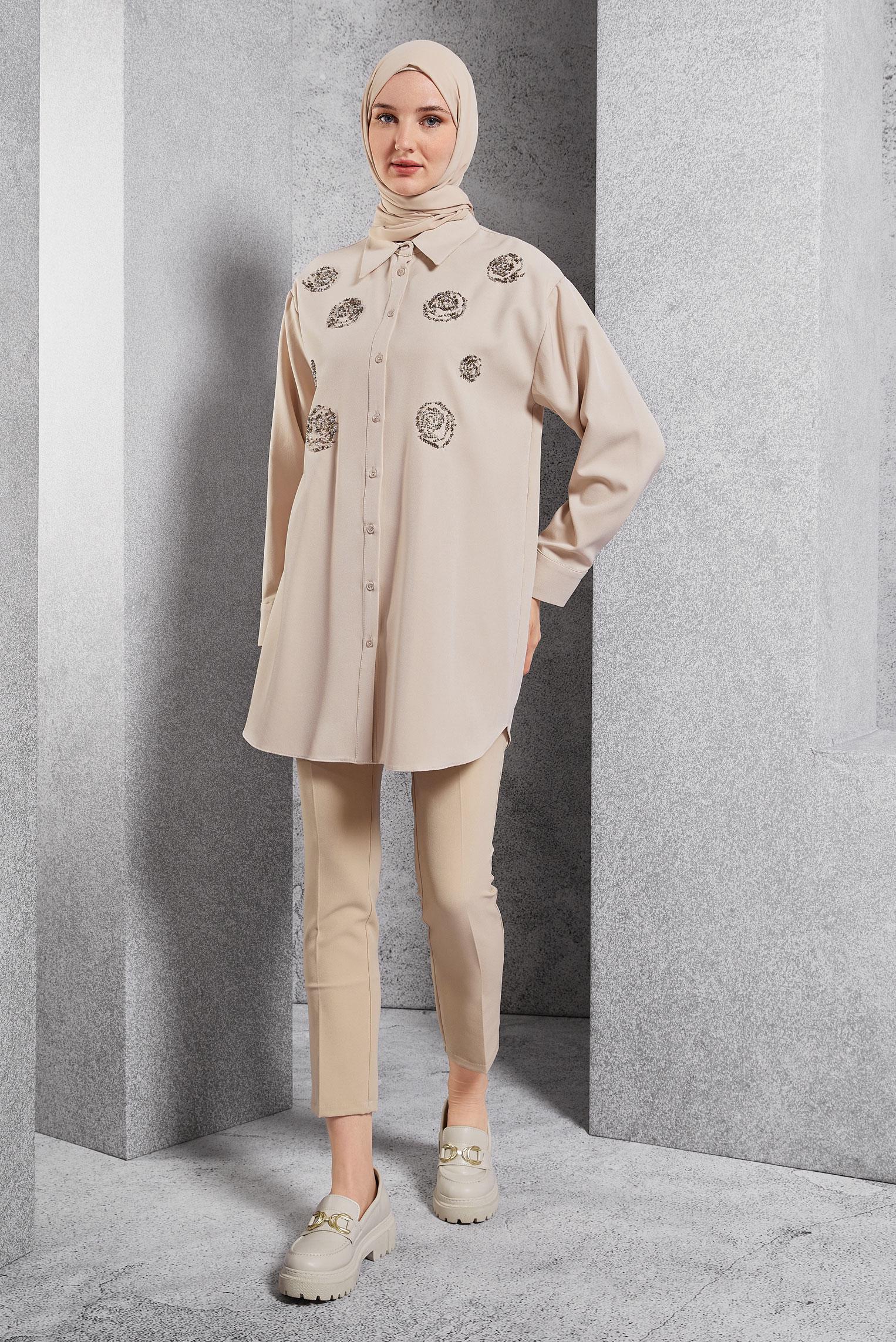 Tesettür giyim BEJ BONCUK İŞLEMELİ TUNİK 45049