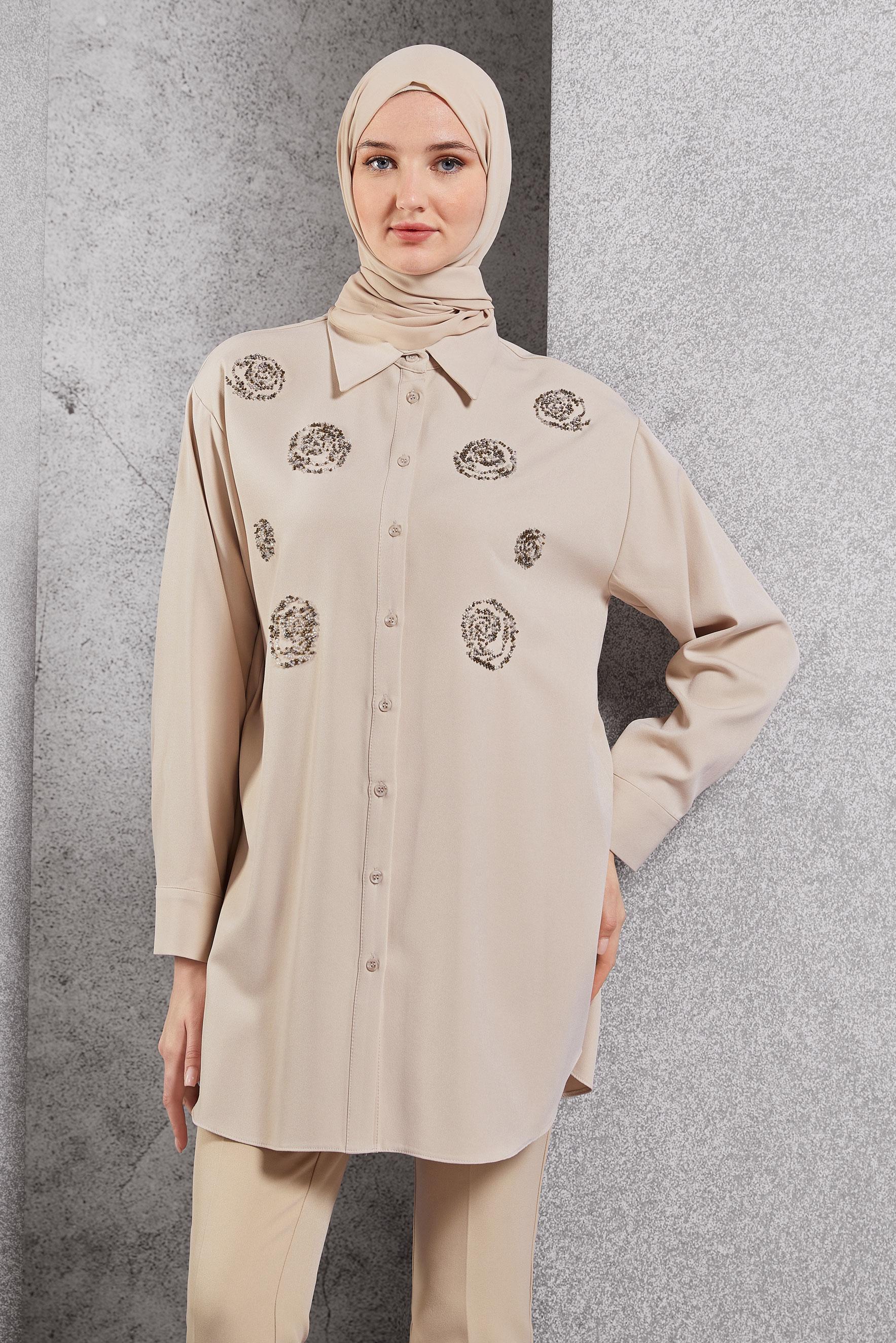 Tesettür giyim BEJ BONCUK İŞLEMELİ TUNİK 45049
