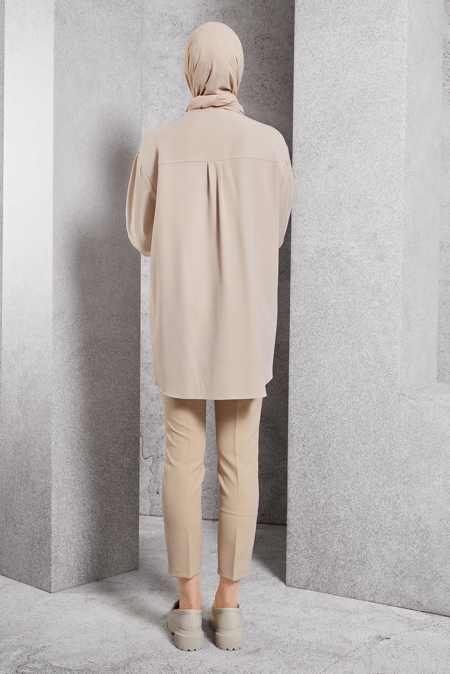 Tesettür giyim BEJ BONCUK İŞLEMELİ TUNİK 45049