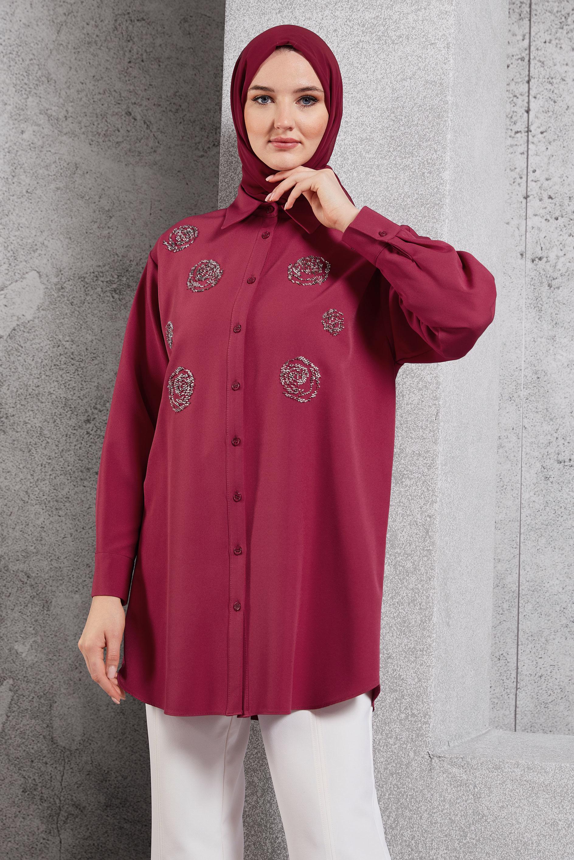 Tesettür giyim FUŞYA BONCUK İŞLEMELİ TUNİK 45049