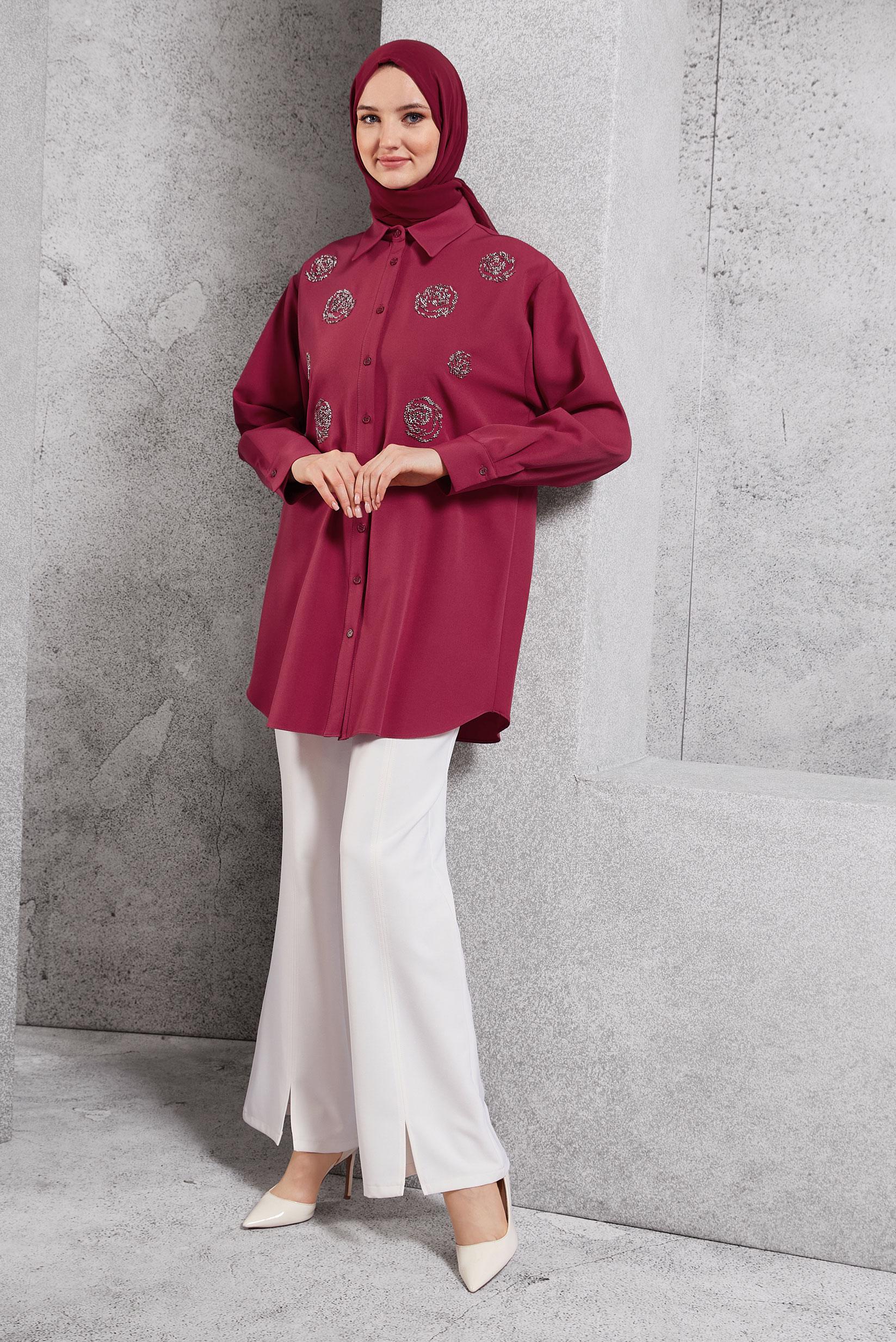 Tesettür giyim FUŞYA BONCUK İŞLEMELİ TUNİK 45049