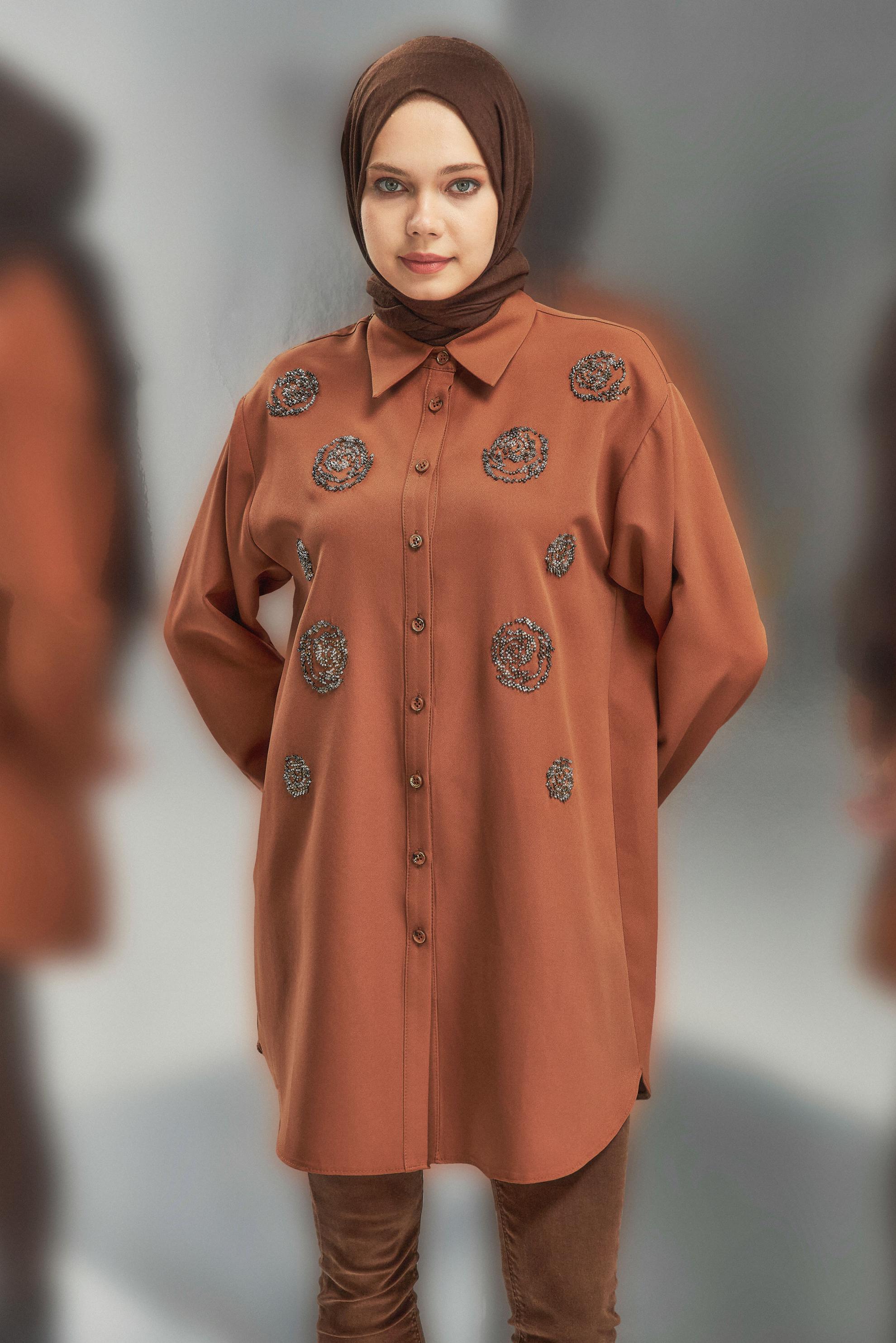 Tesettür giyim TABA BONCUK İŞLEMELİ TUNİK 45049