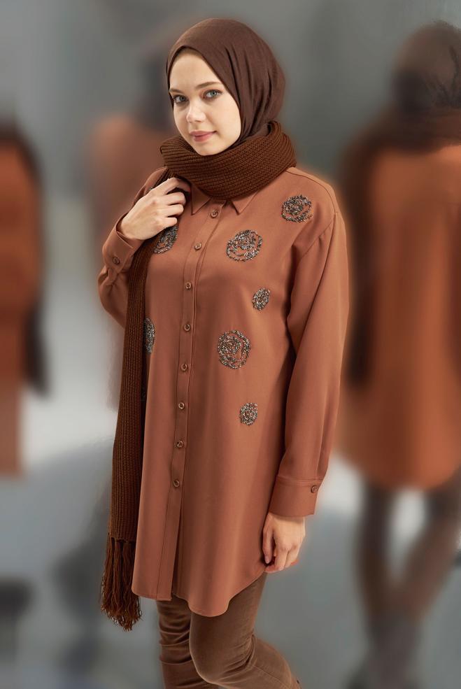 Tesettür giyim TABA BONCUK İŞLEMELİ TUNİK 45049 - ALVİNA