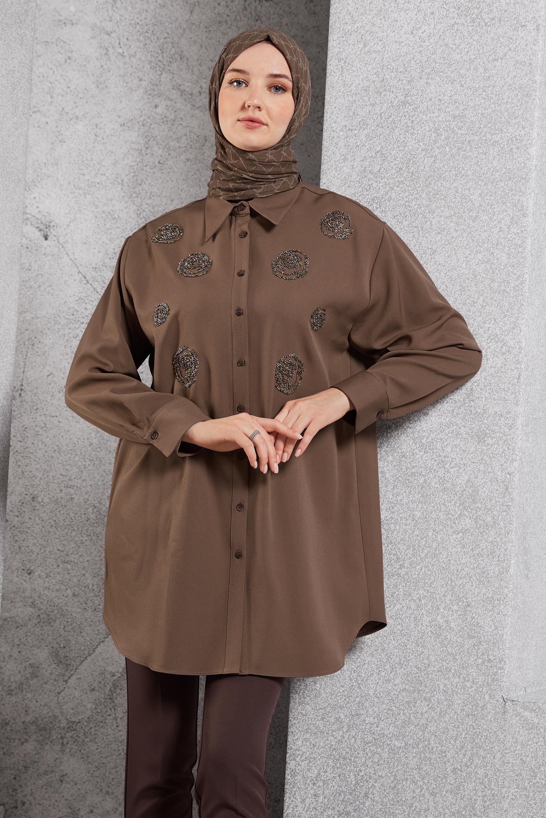 Tesettür giyim VİZON BONCUK İŞLEMELİ TUNİK 45049