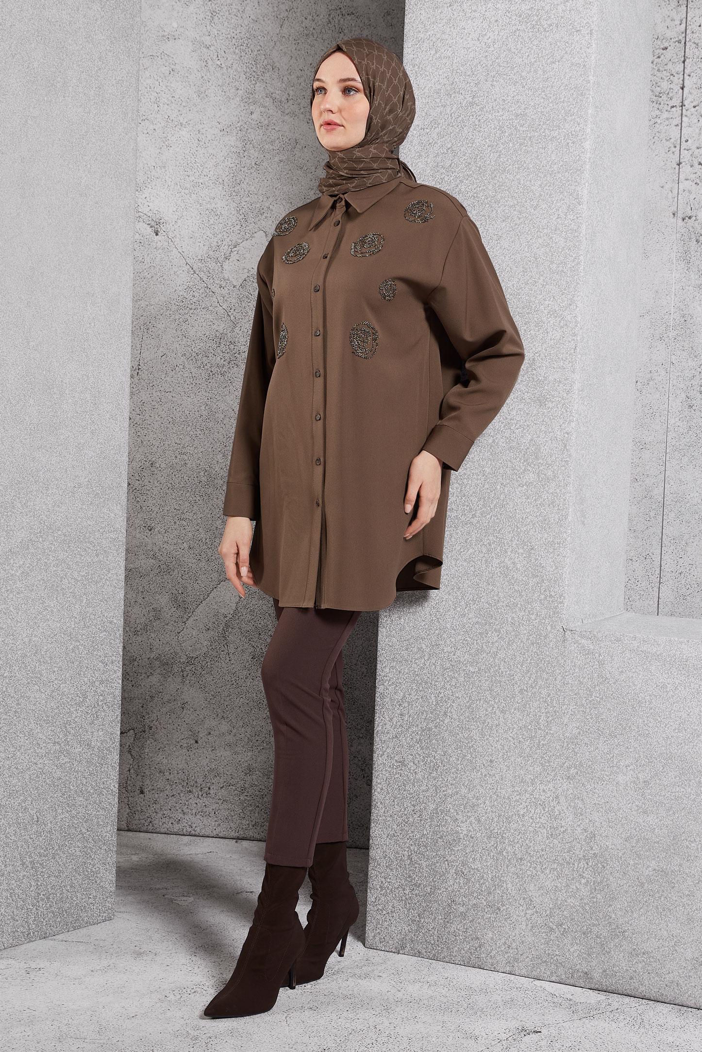 Tesettür giyim VİZON BONCUK İŞLEMELİ TUNİK 45049