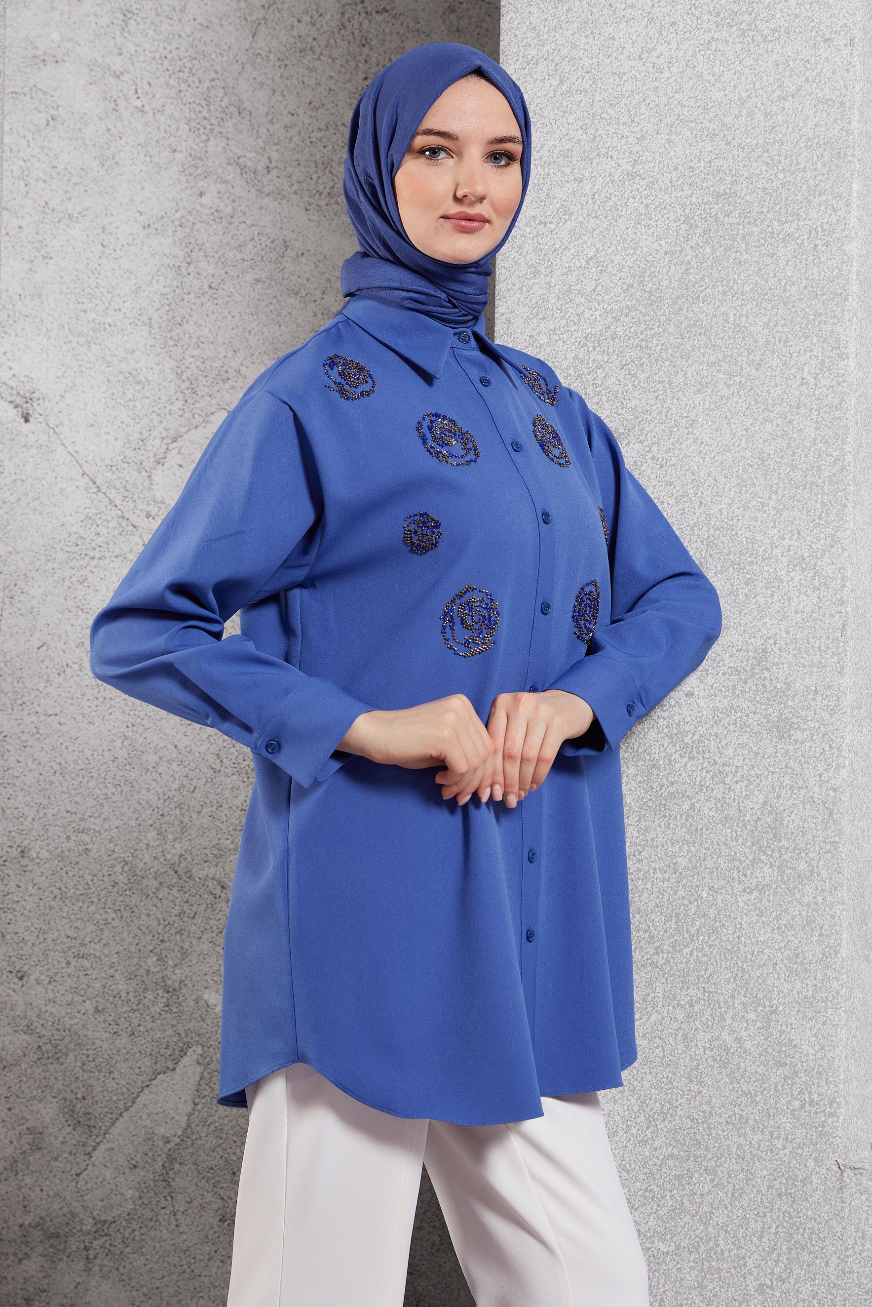 Tesettür giyim MAVİ BONCUK İŞLEMELİ TUNİK 45049