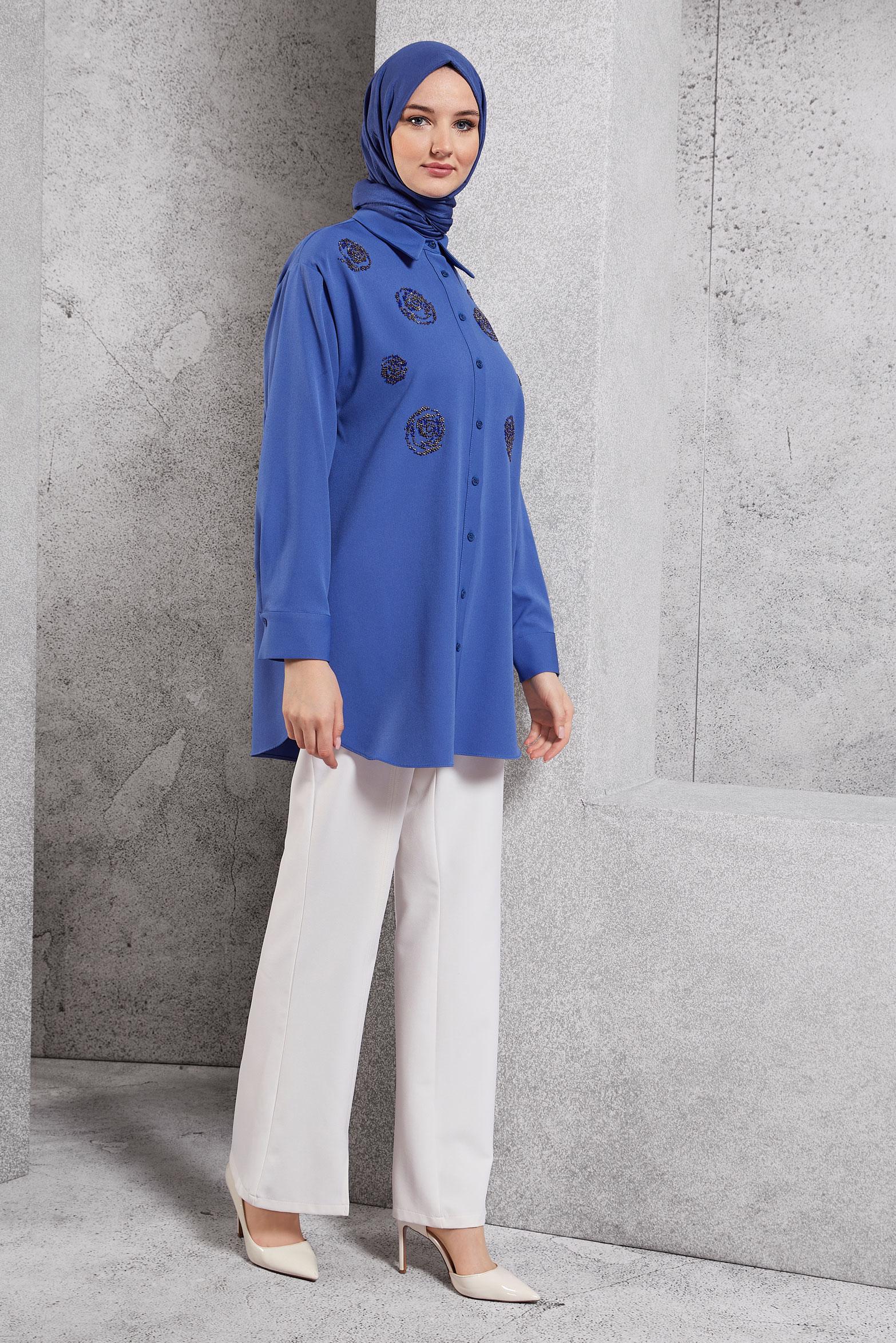 Tesettür giyim MAVİ BONCUK İŞLEMELİ TUNİK 45049