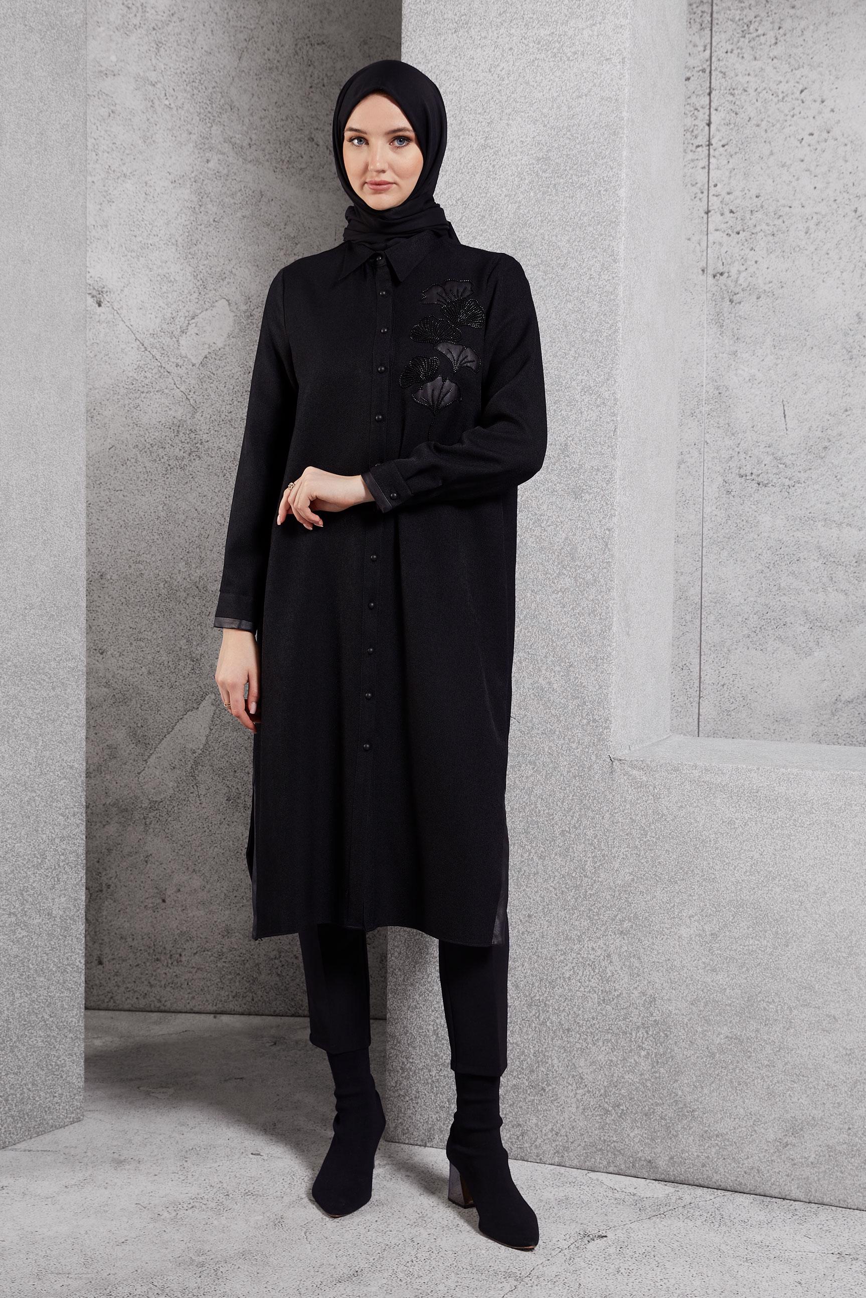 Tesettür giyim SİYAH İŞLEMELİ UZUN TUNİK 45061