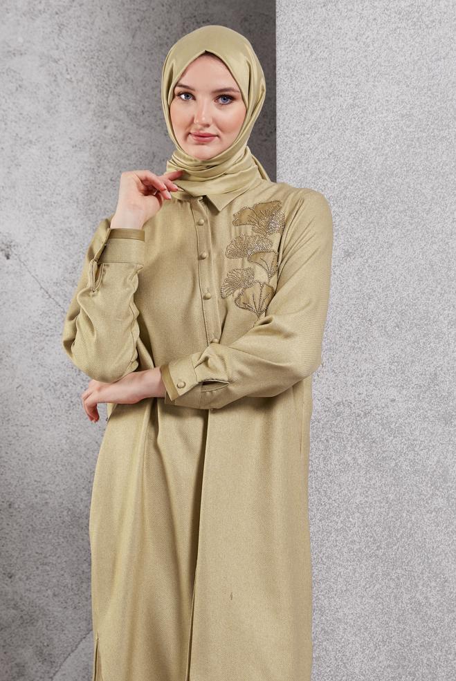 Vêtements hijab BEIGE TUNIQUE LONGUE BRODÉE 45061 - ALVİNA