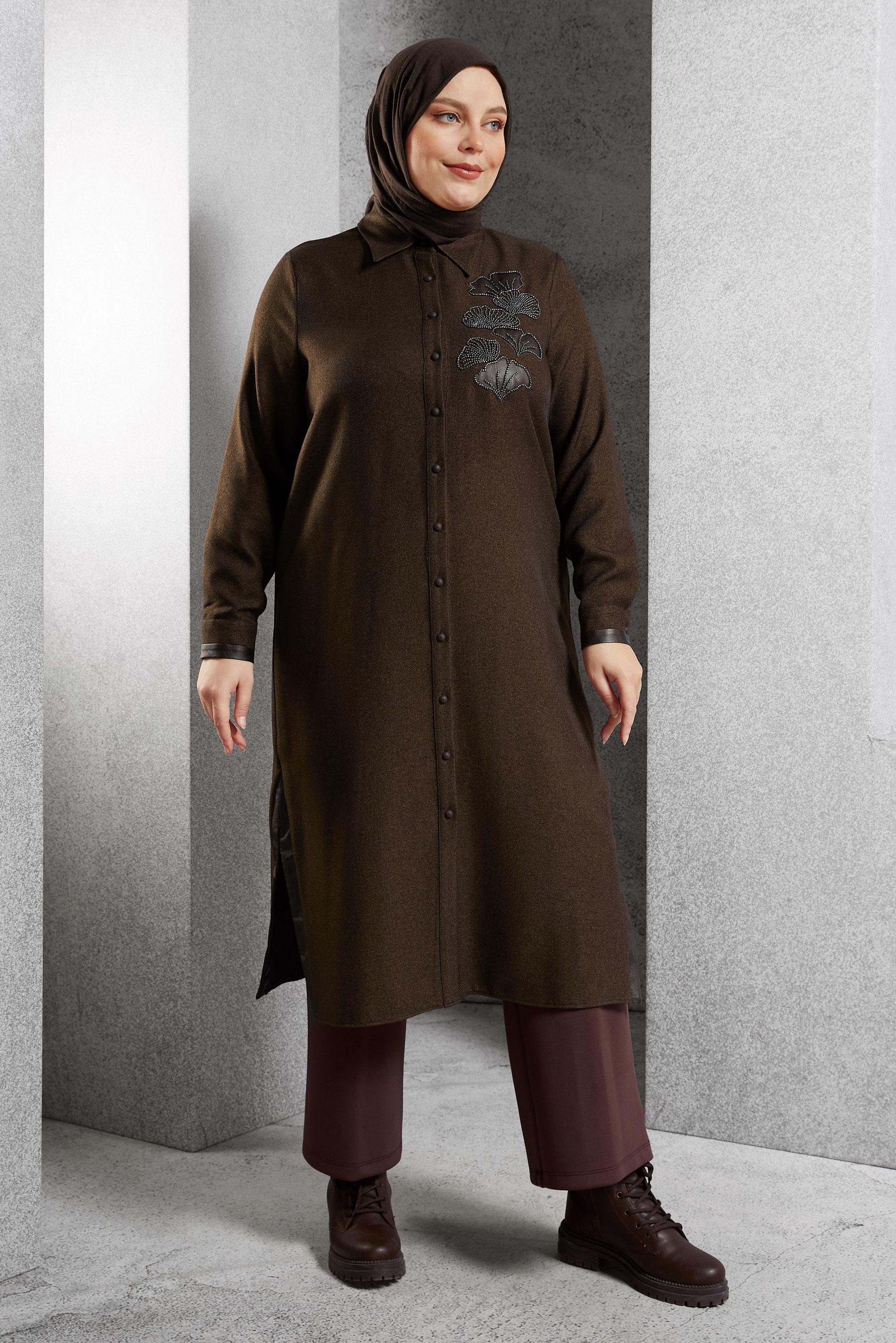 Tesettür giyim KAHVE İŞLEMELİ UZUN TUNİK 45061