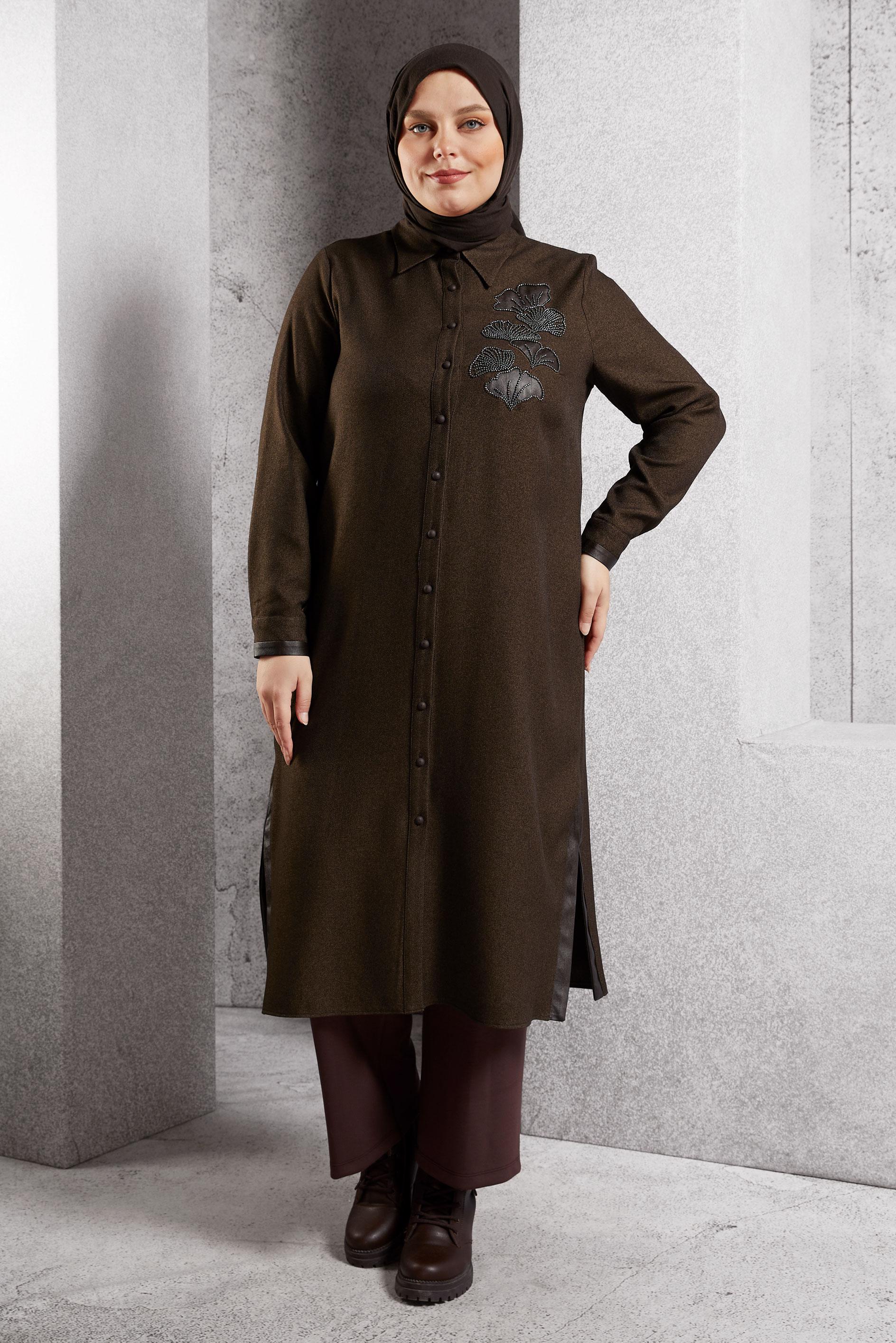 Tesettür giyim KAHVE İŞLEMELİ UZUN TUNİK 45061