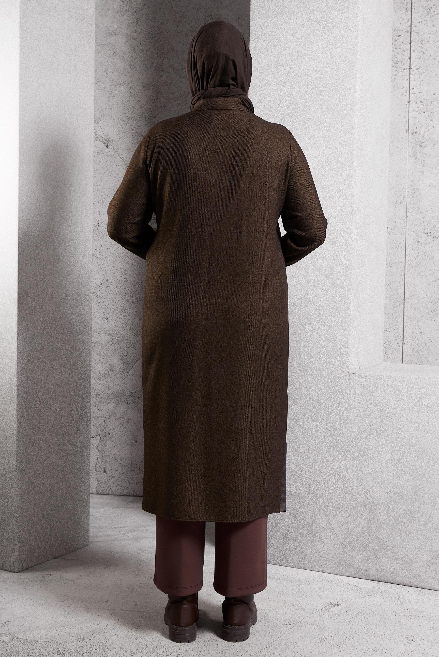 Tesettür giyim KAHVE İŞLEMELİ UZUN TUNİK 45061