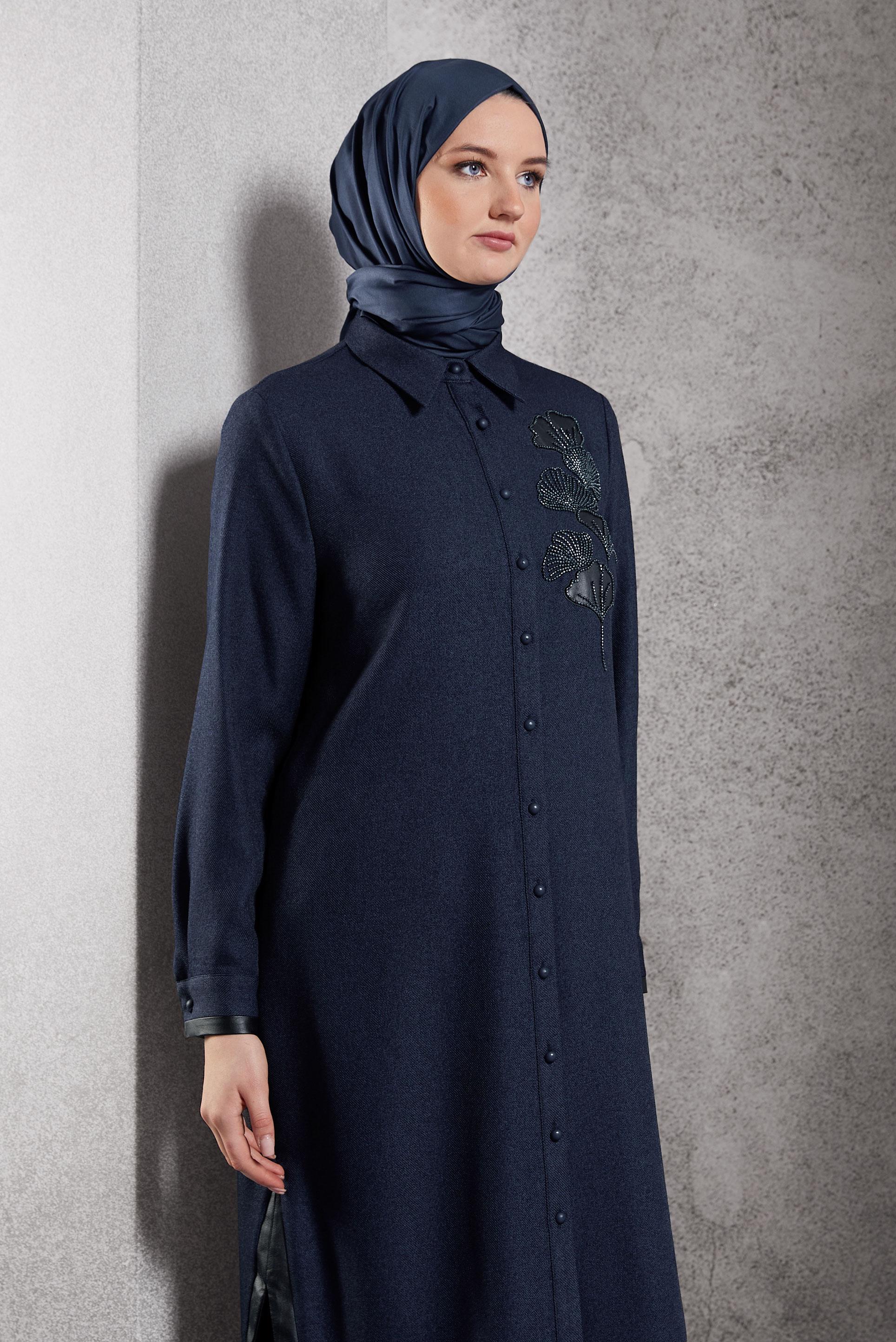 Tesettür giyim LACİVERT İŞLEMELİ UZUN TUNİK 45061