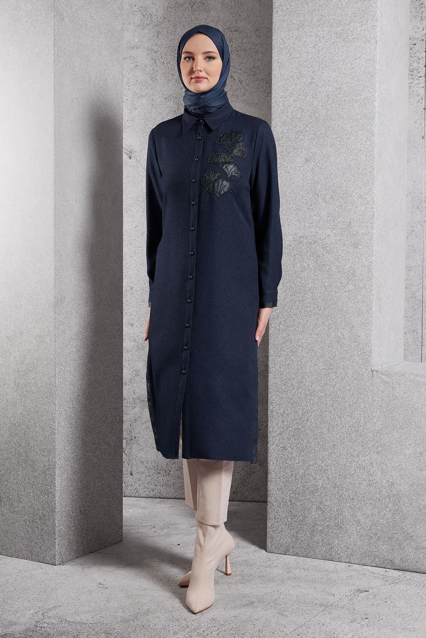 Tesettür giyim LACİVERT İŞLEMELİ UZUN TUNİK 45061