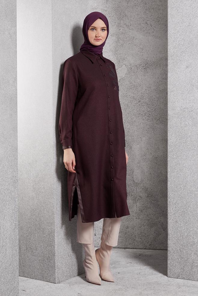 Vêtements hijab PRUNE TUNIQUE LONGUE BRODÉE 45061 - ALVİNA