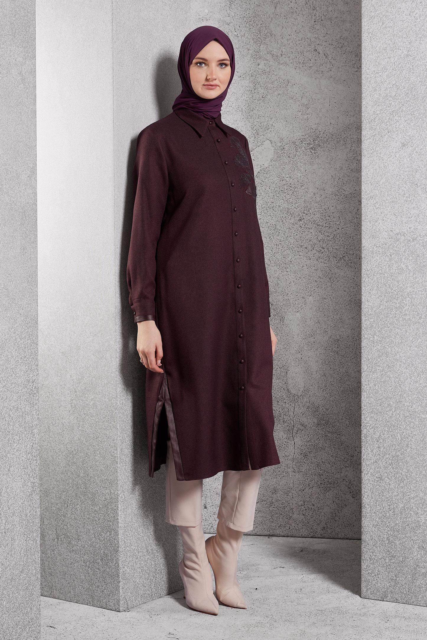 Tesettür giyim MÜRDÜM İŞLEMELİ UZUN TUNİK 45061