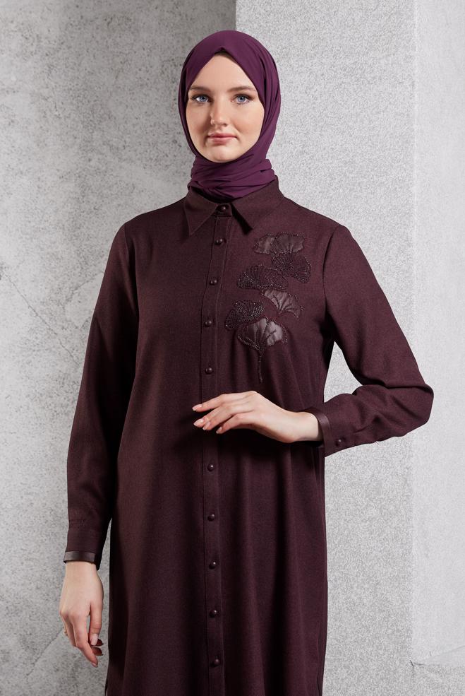 Vêtements hijab PRUNE TUNIQUE LONGUE BRODÉE 45061 - ALVİNA