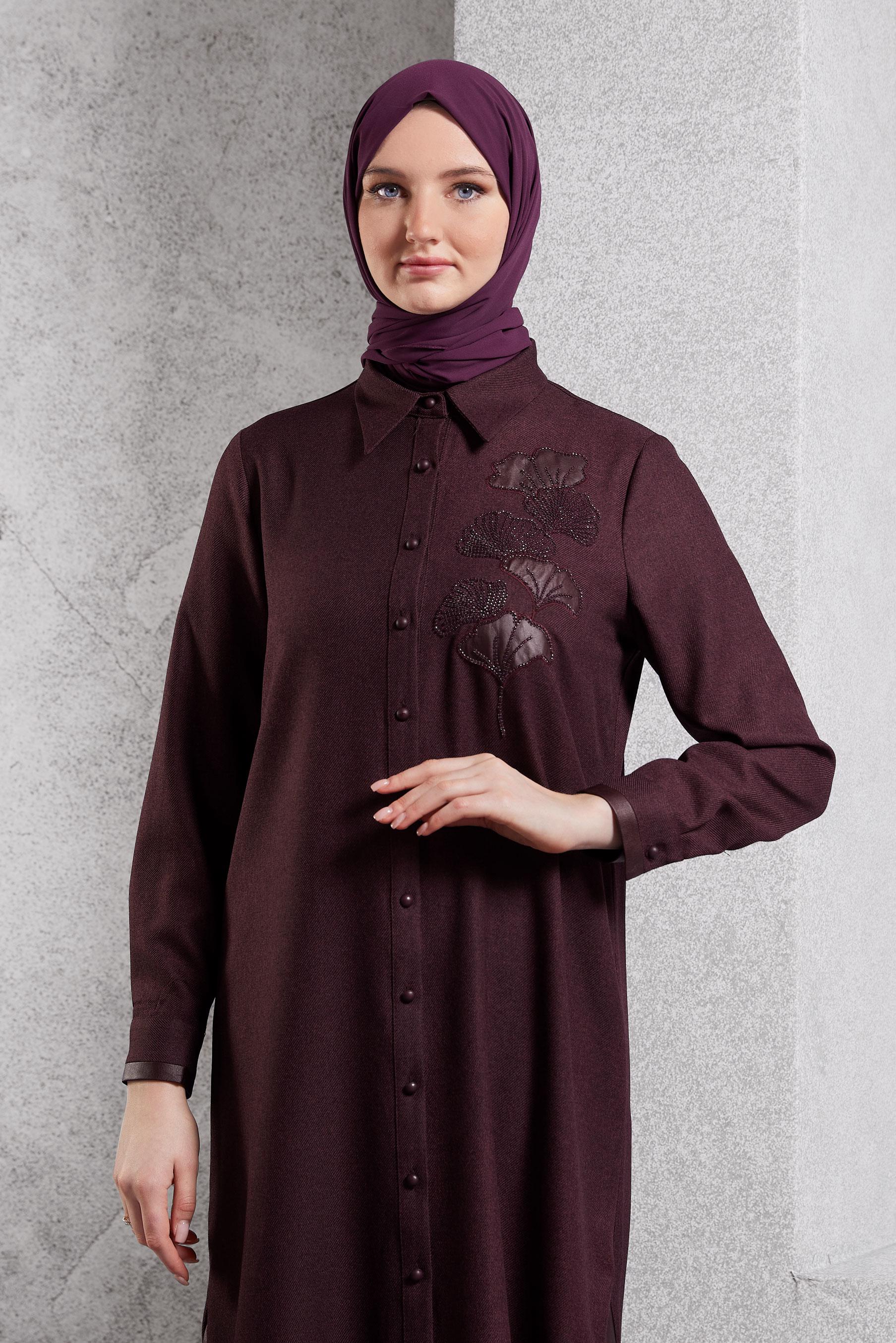Tesettür giyim MÜRDÜM İŞLEMELİ UZUN TUNİK 45061