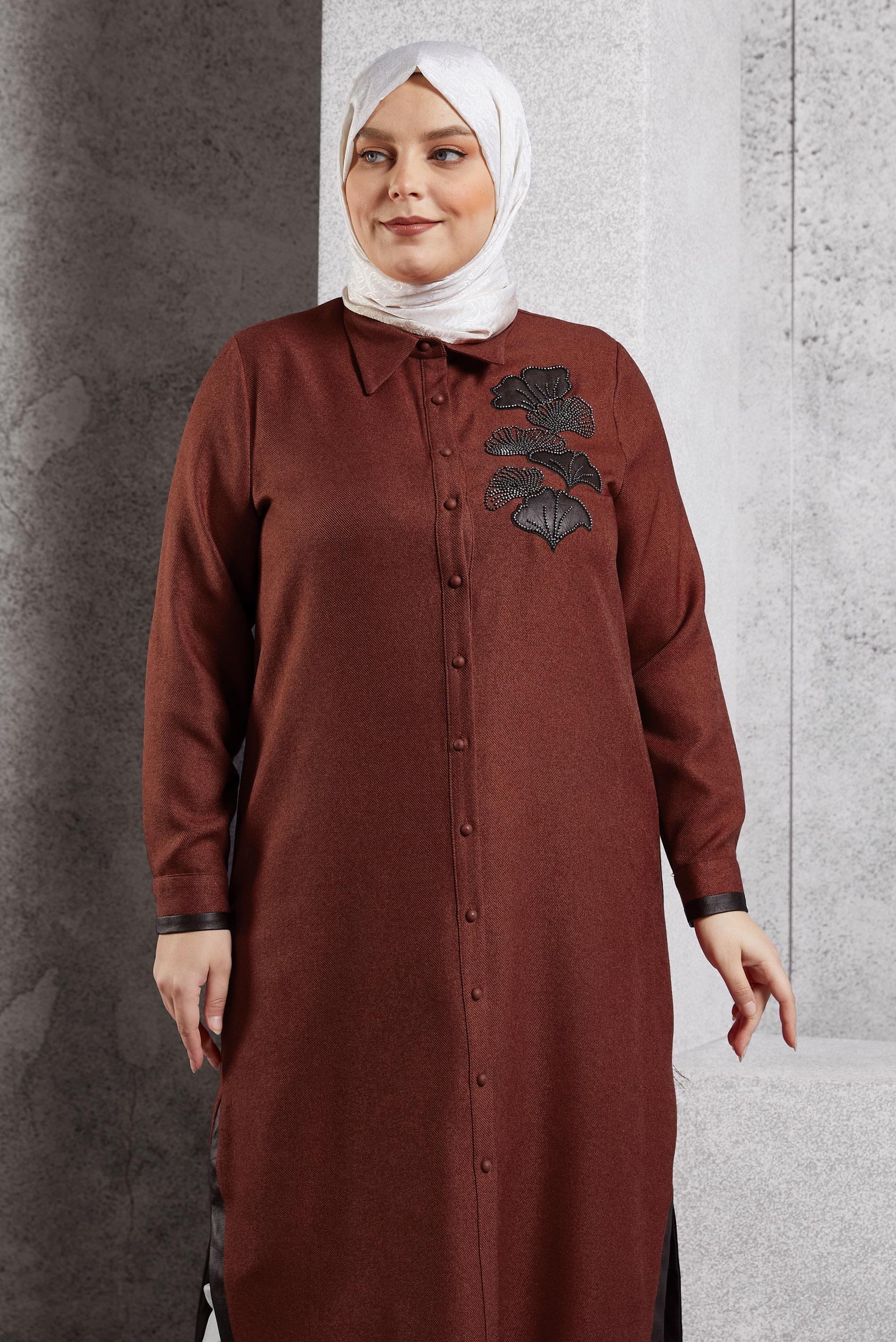 Tesettür giyim BORDO İŞLEMELİ UZUN TUNİK 45061