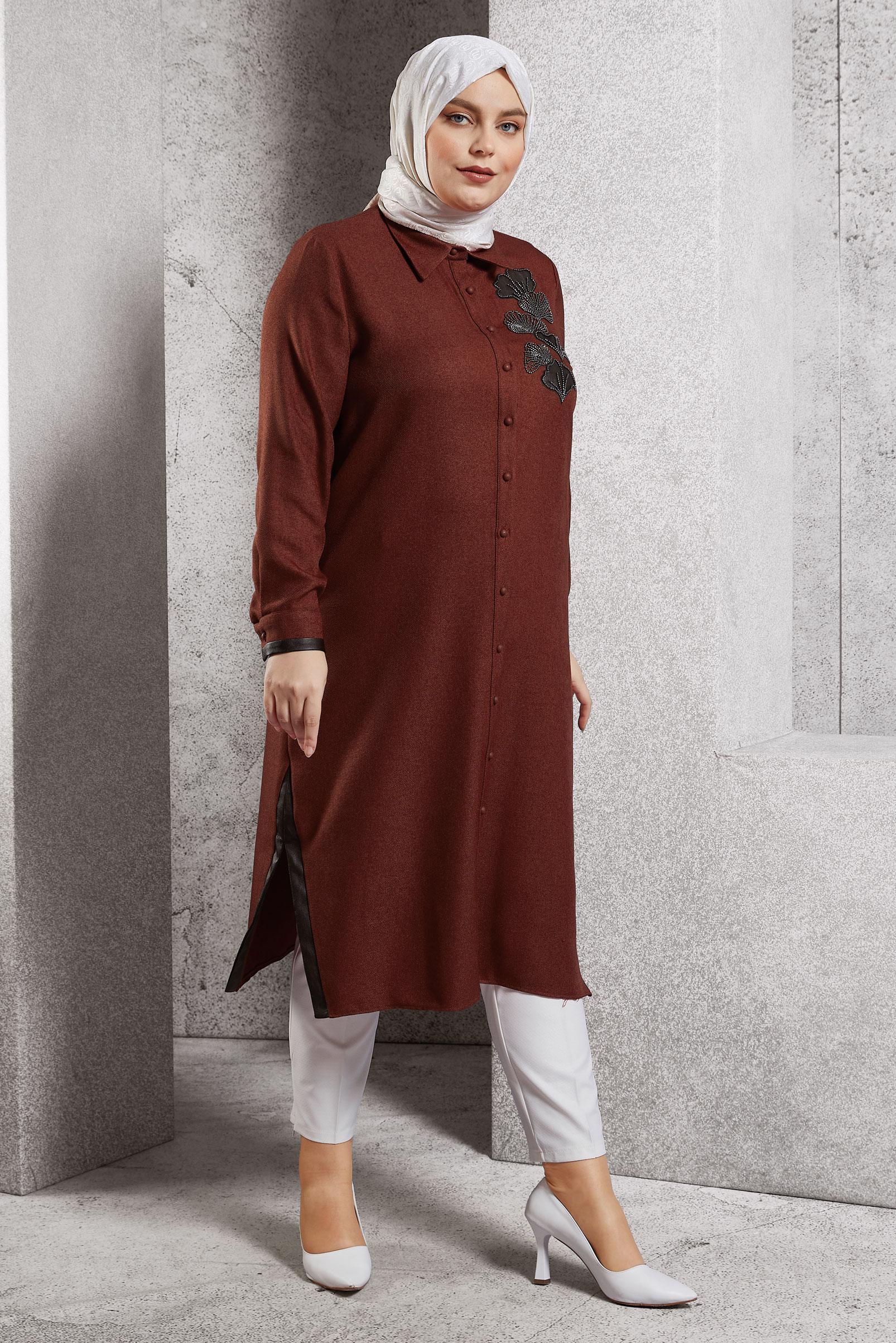 Tesettür giyim BORDO İŞLEMELİ UZUN TUNİK 45061