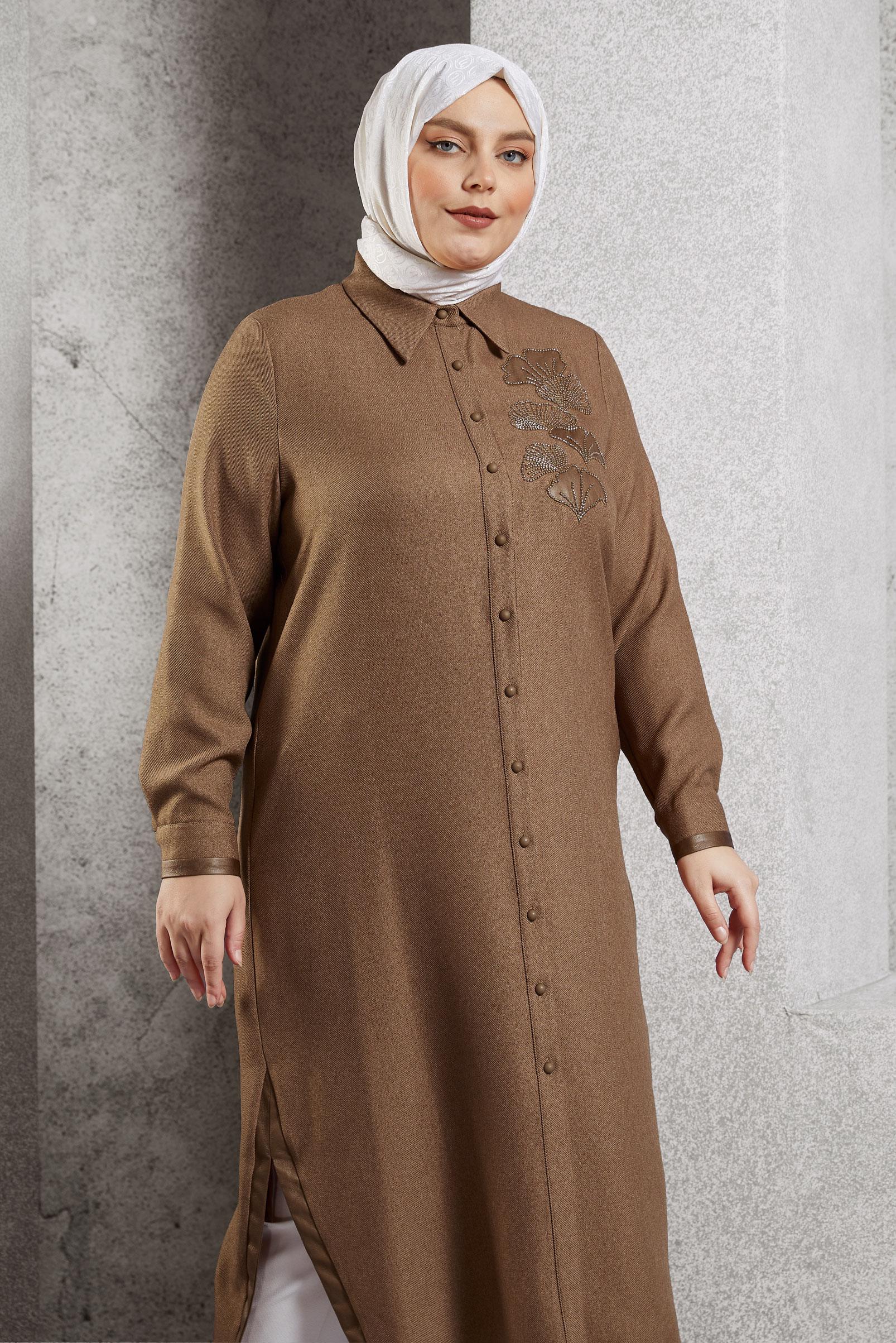 Tesettür giyim TABA İŞLEMELİ UZUN TUNİK 45061