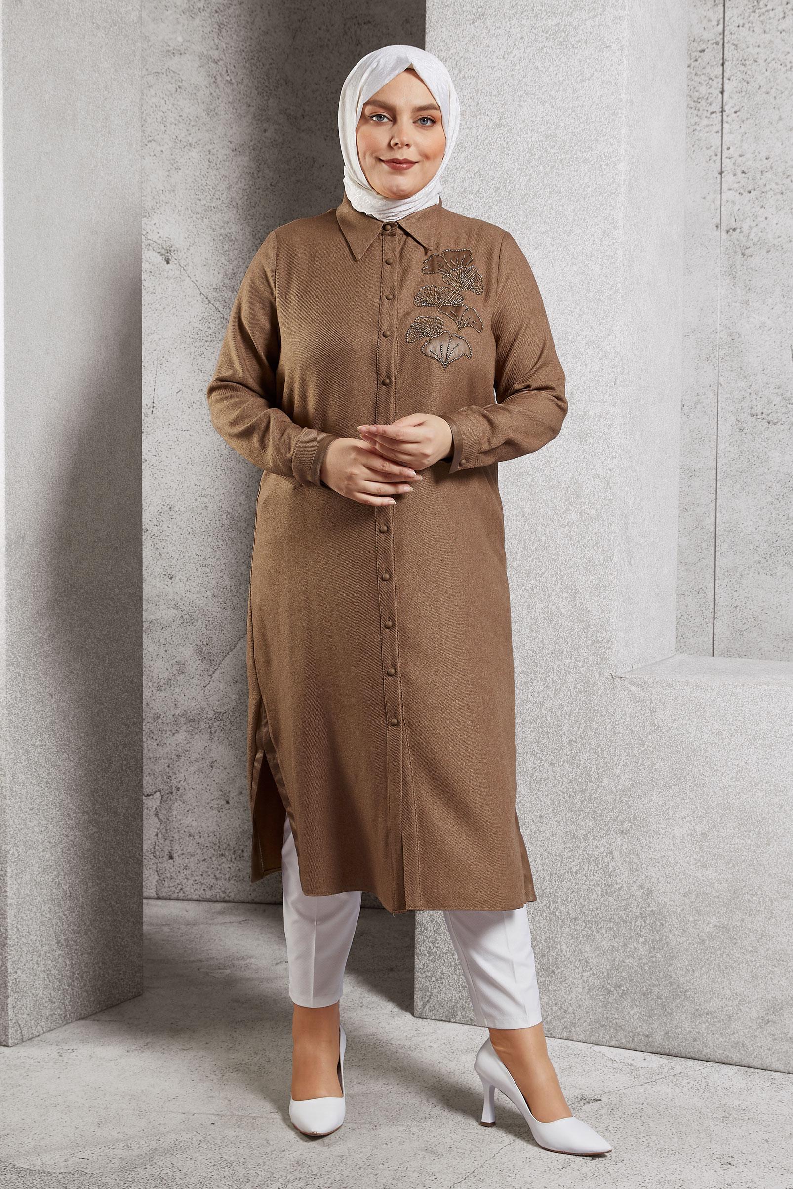 Tesettür giyim TABA İŞLEMELİ UZUN TUNİK 45061