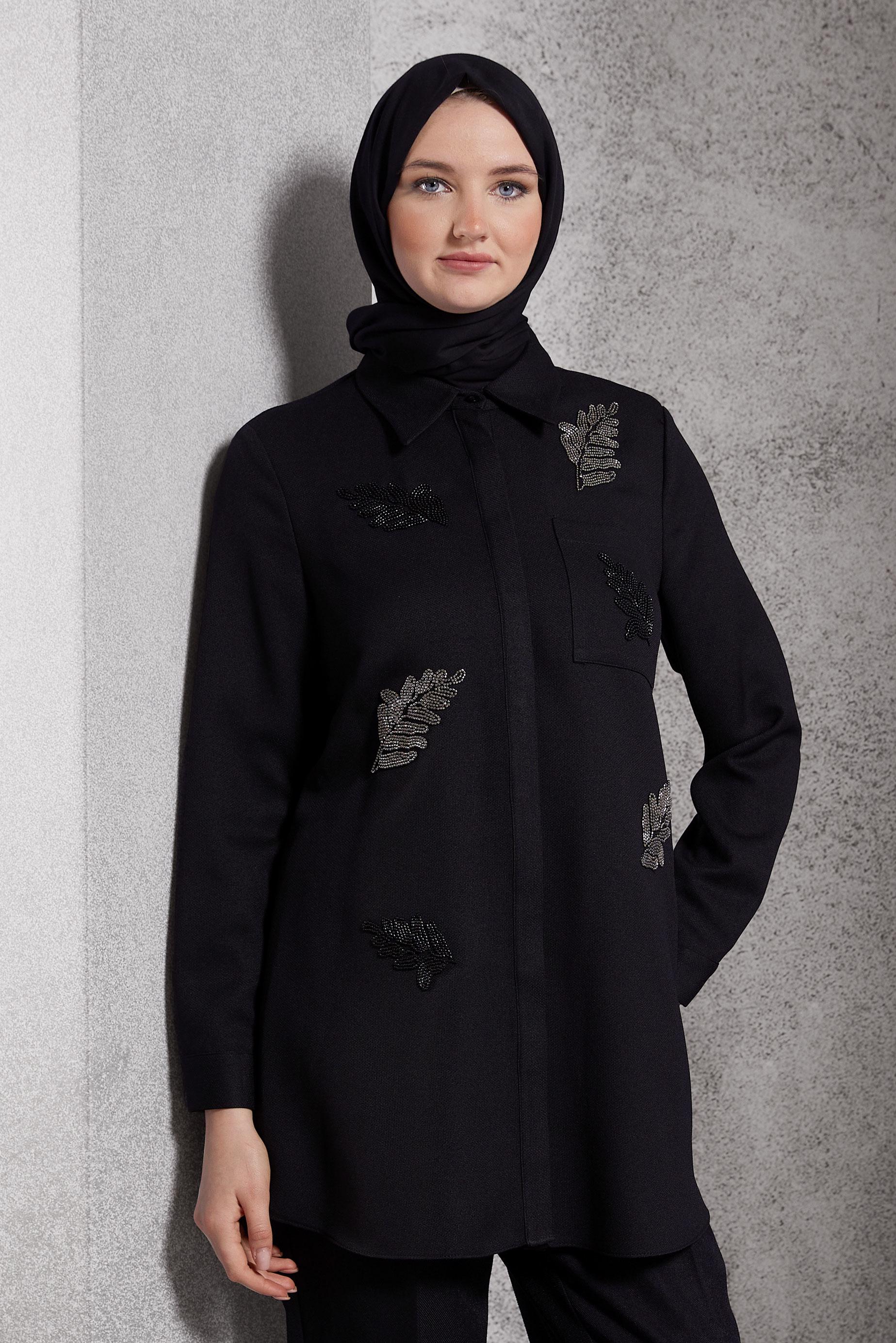 Tesettür giyim SİYAH BONCUK BASKILI TUNİK 45062