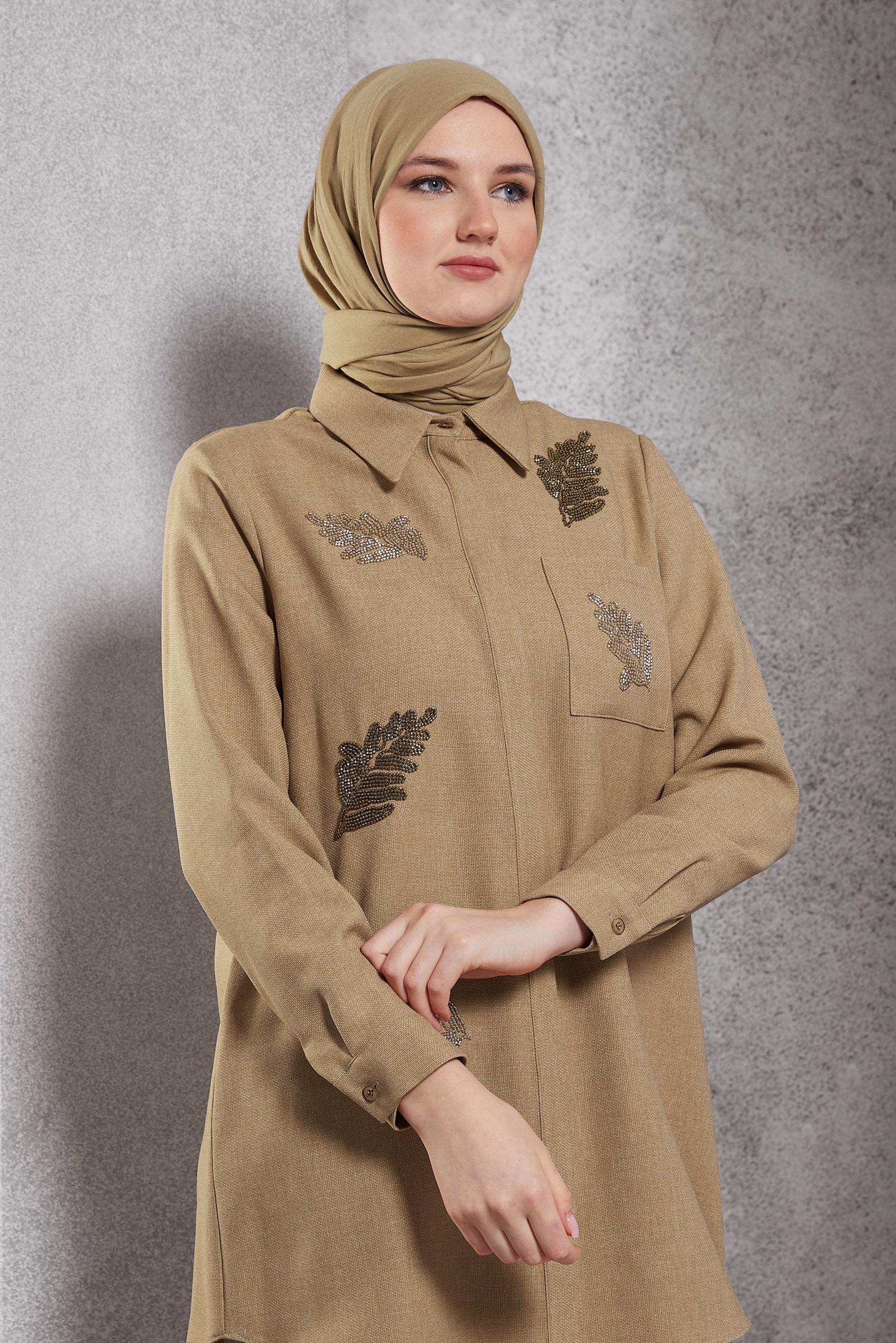 Tesettür giyim KAHVE BONCUK BASKILI TUNİK 45062