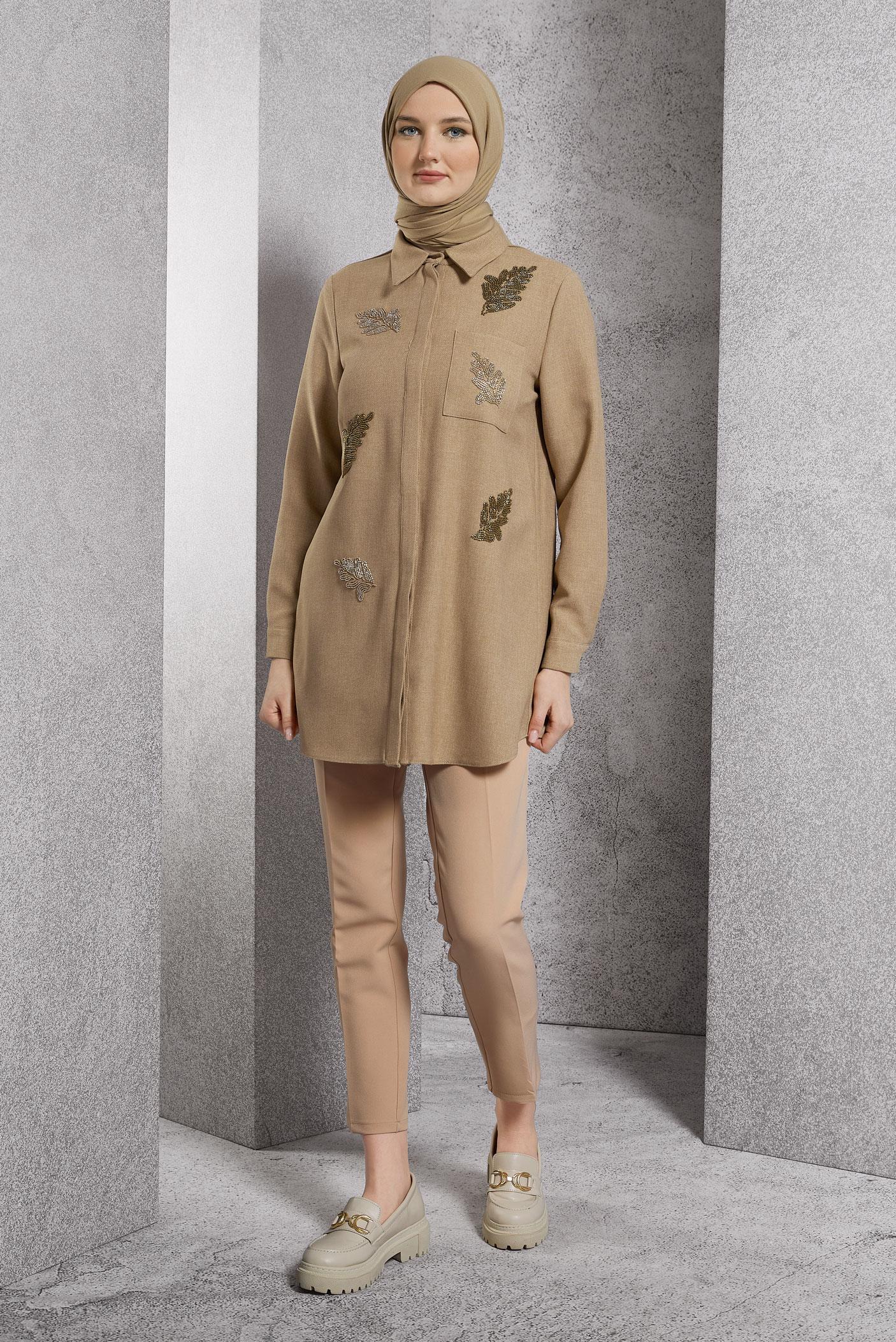 Tesettür giyim KAHVE BONCUK BASKILI TUNİK 45062