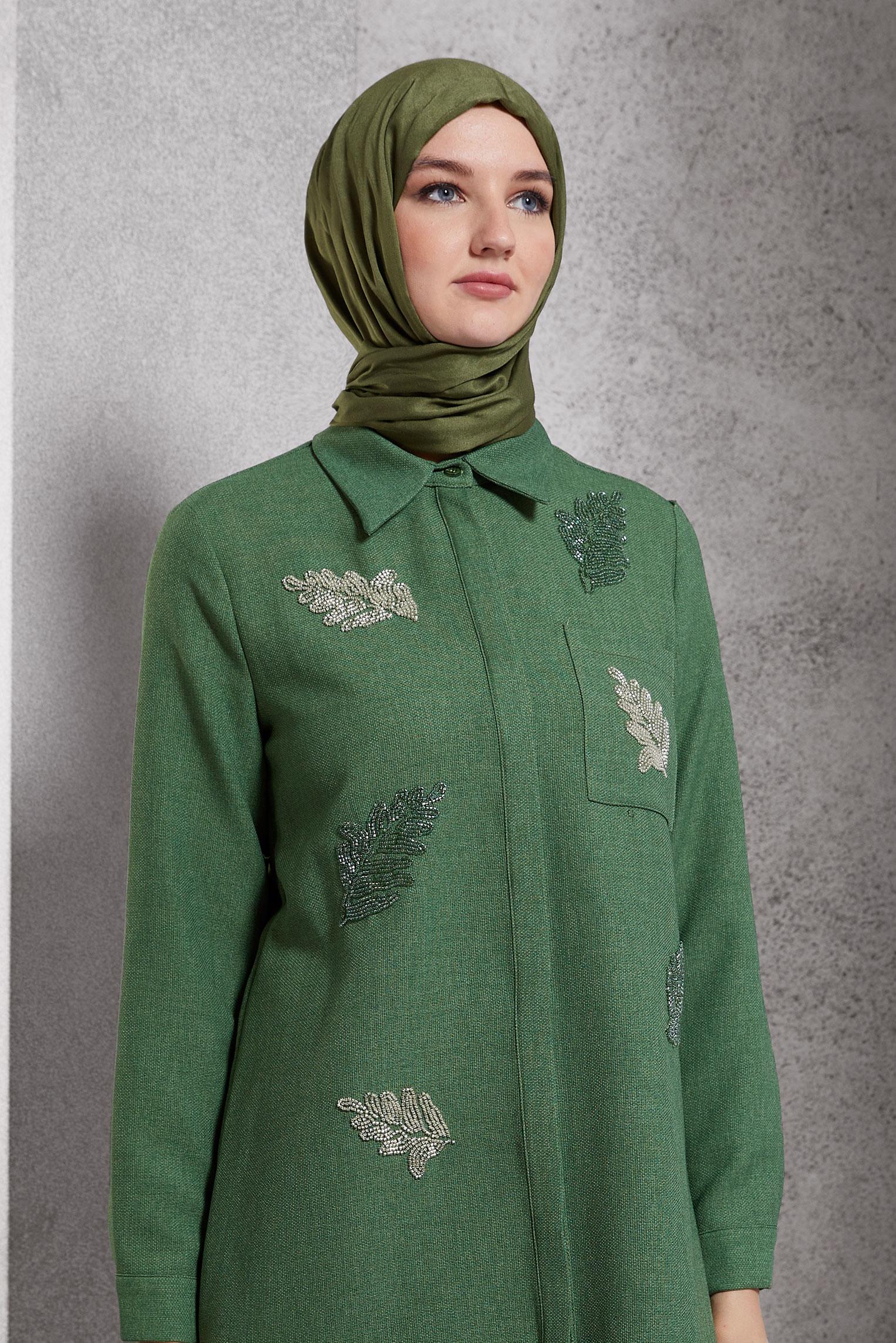 Tesettür giyim HAKİ BONCUK BASKILI TUNİK 45062