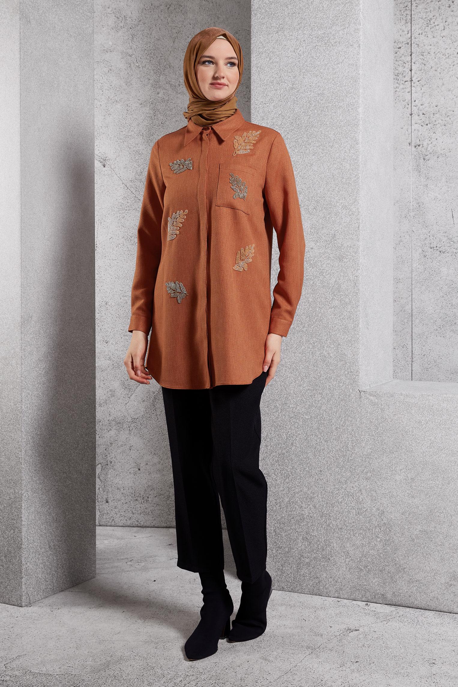 Tesettür giyim TURUNCU BONCUK BASKILI TUNİK 45062