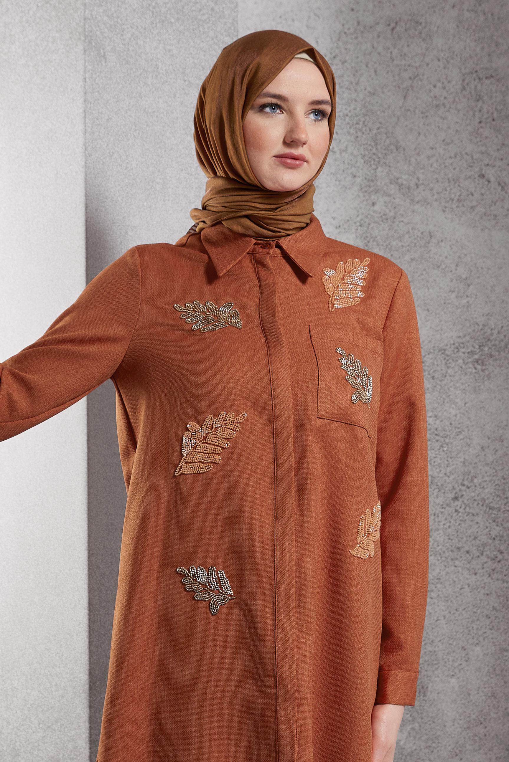 Tesettür giyim TURUNCU BONCUK BASKILI TUNİK 45062