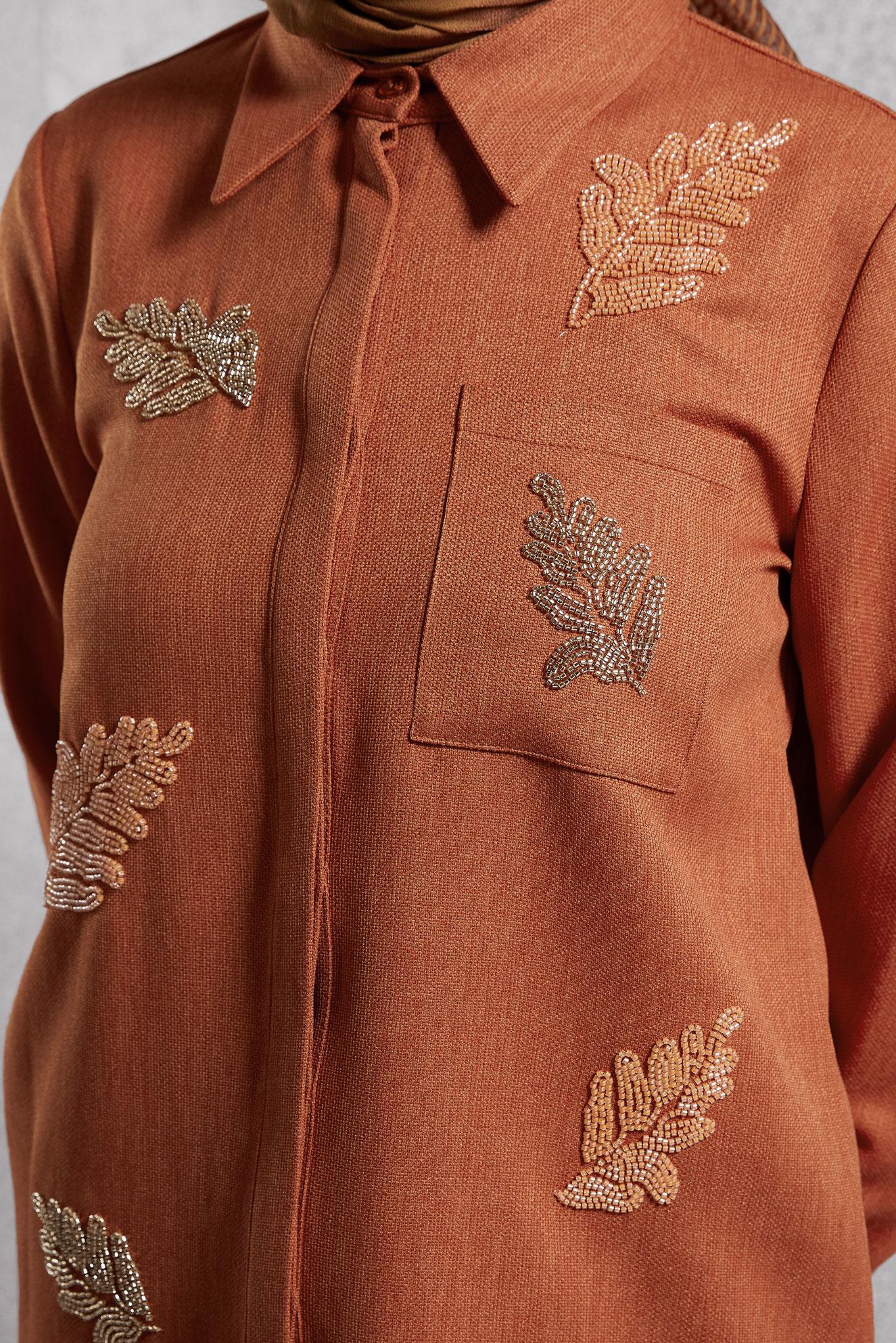 Tesettür giyim TURUNCU BONCUK BASKILI TUNİK 45062