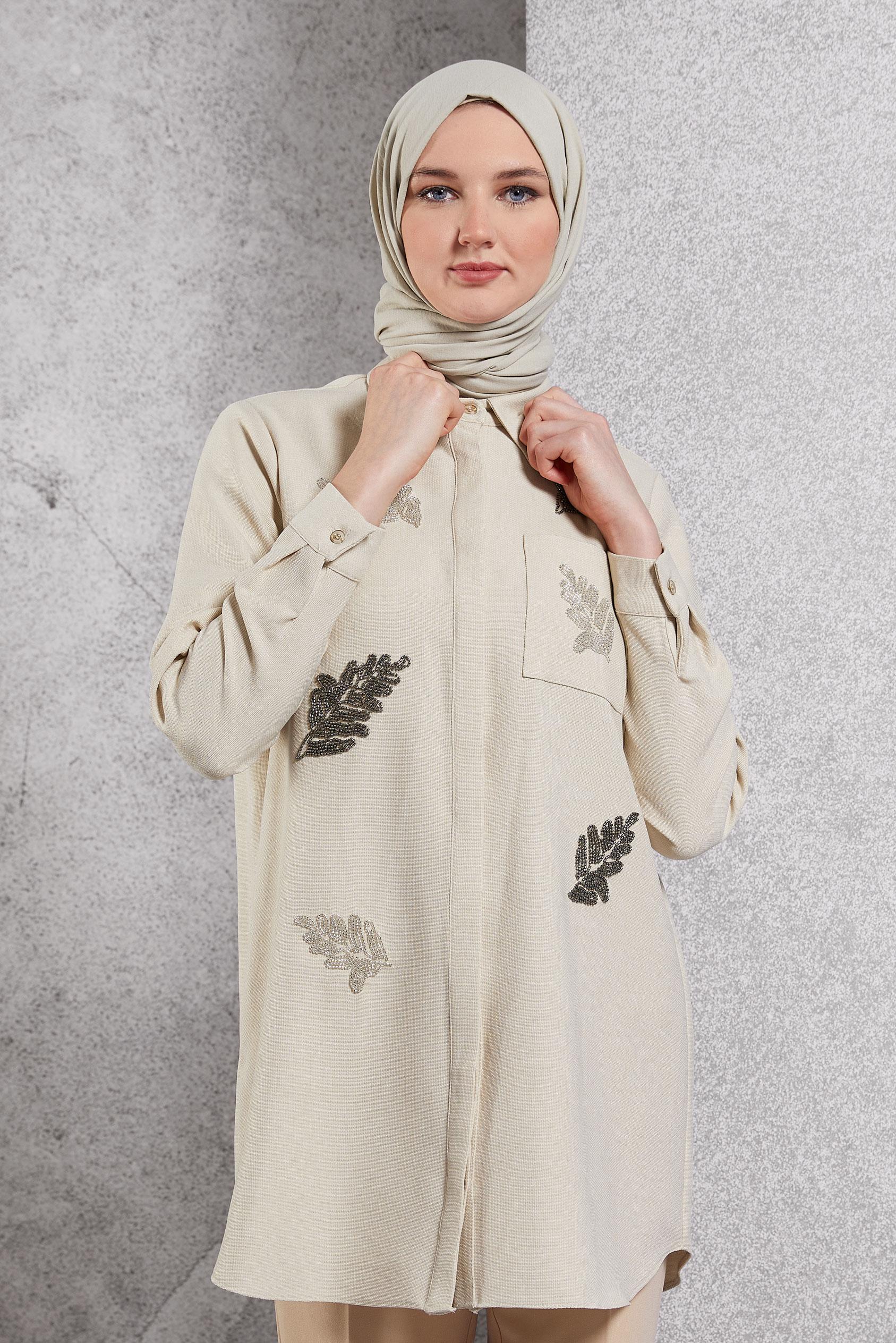 Tesettür giyim BEJ BONCUK BASKILI TUNİK 45062