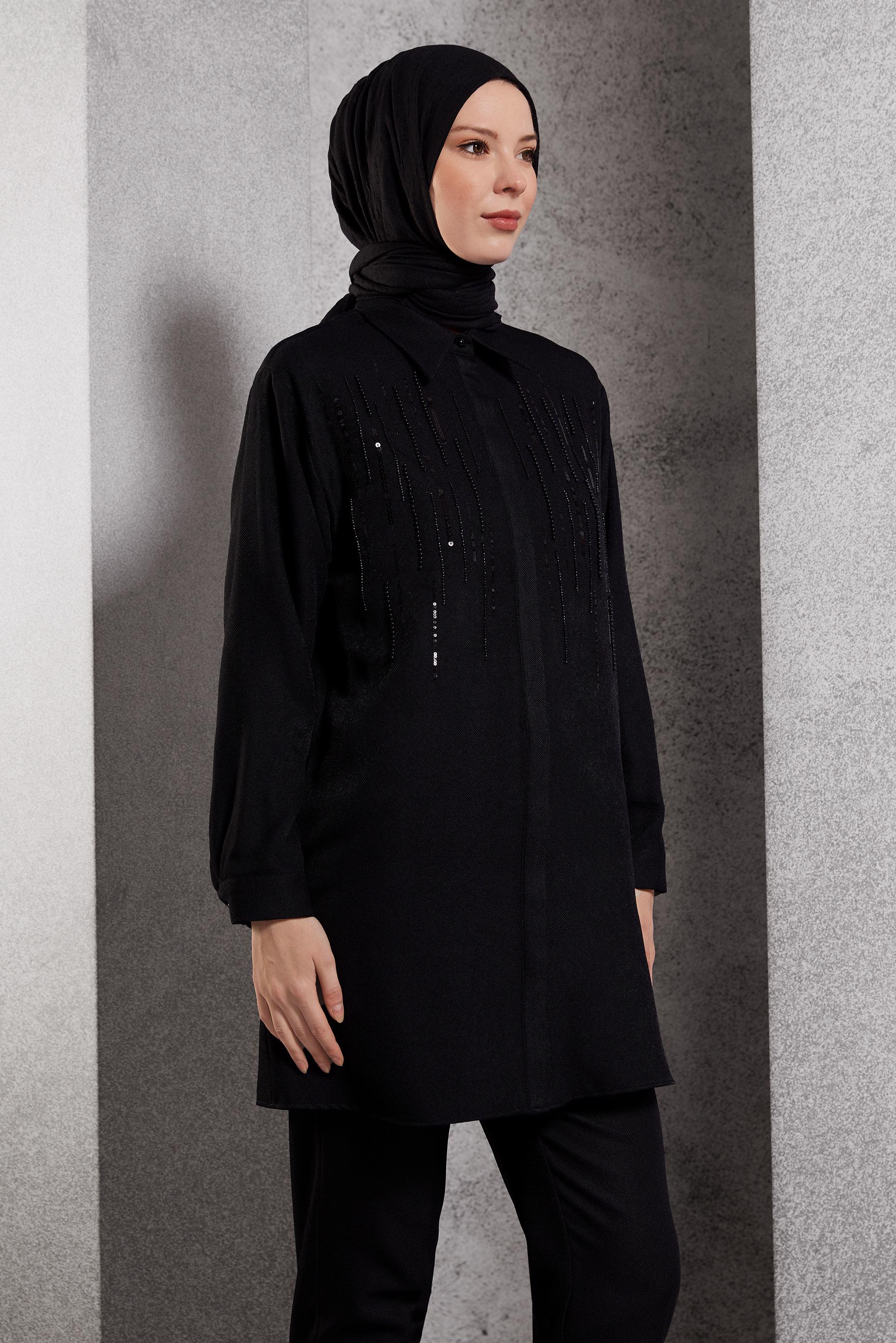 Tesettür giyim SİYAH PUL PAYET DETAYLI TUNİK 45063