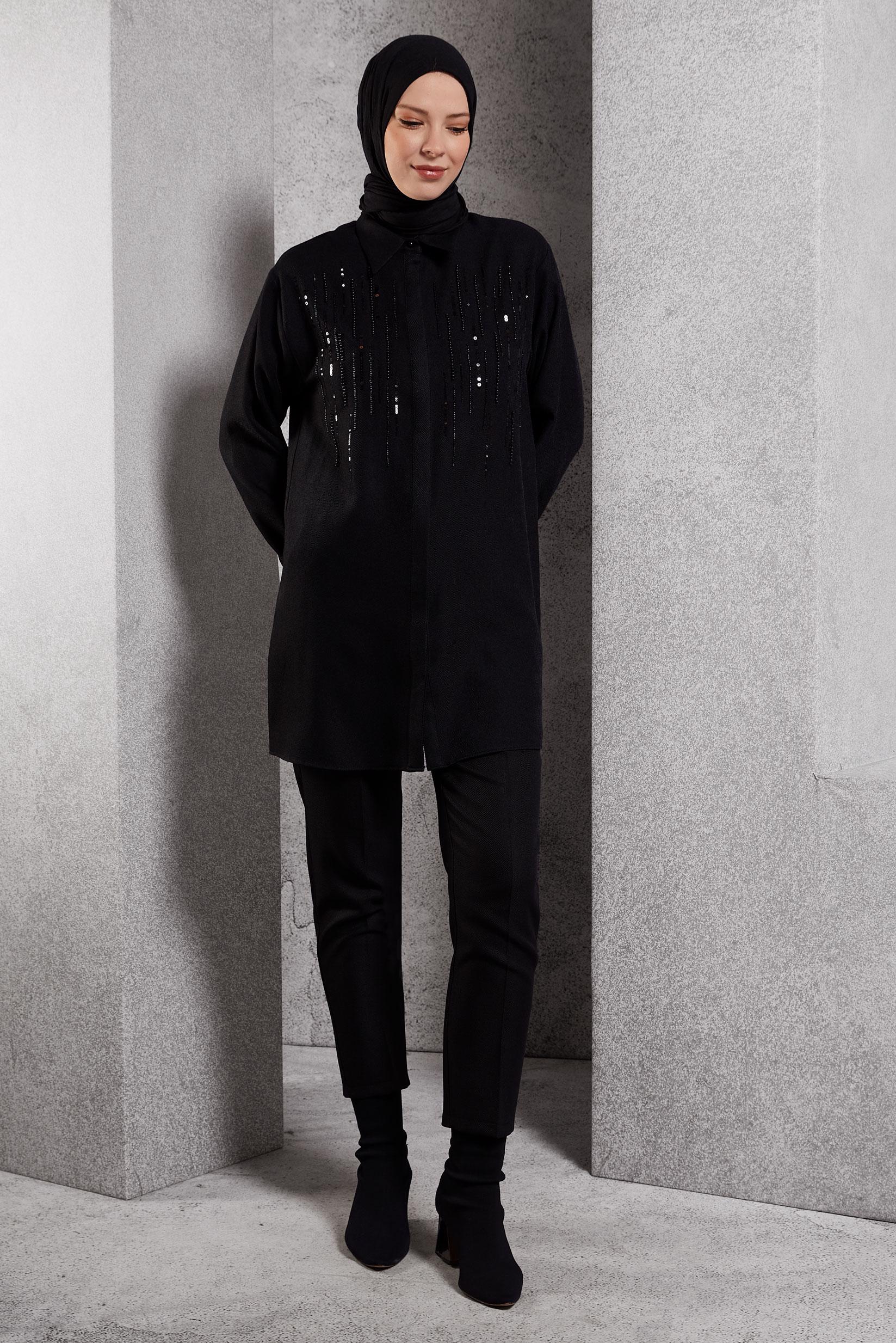 Tesettür giyim SİYAH PUL PAYET DETAYLI TUNİK 45063