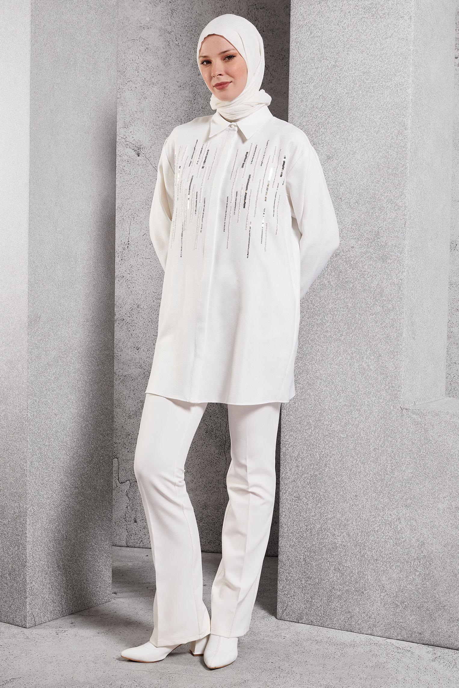 Tesettür giyim BEYAZ PUL PAYET DETAYLI TUNİK 45063