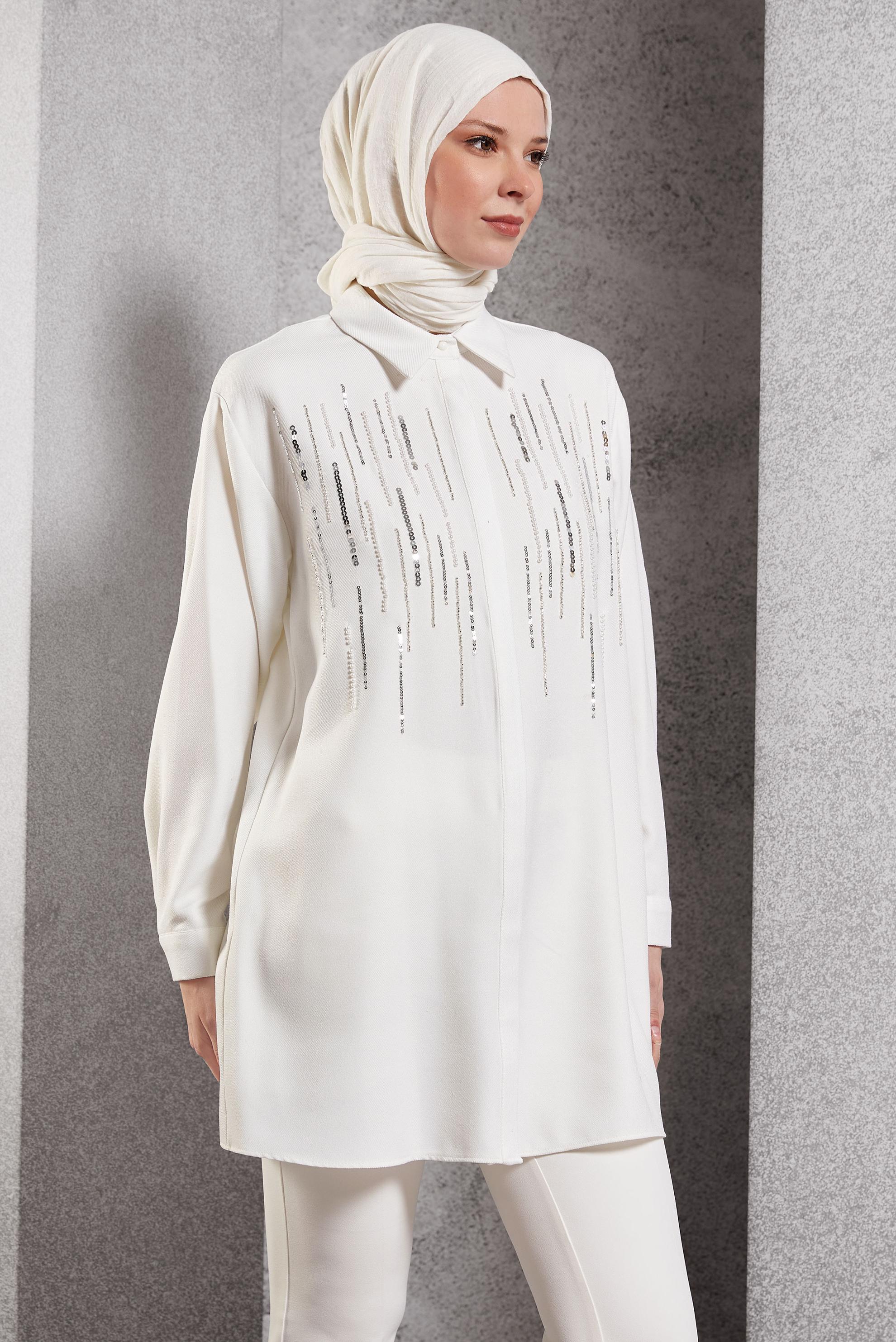 Tesettür giyim BEYAZ PUL PAYET DETAYLI TUNİK 45063
