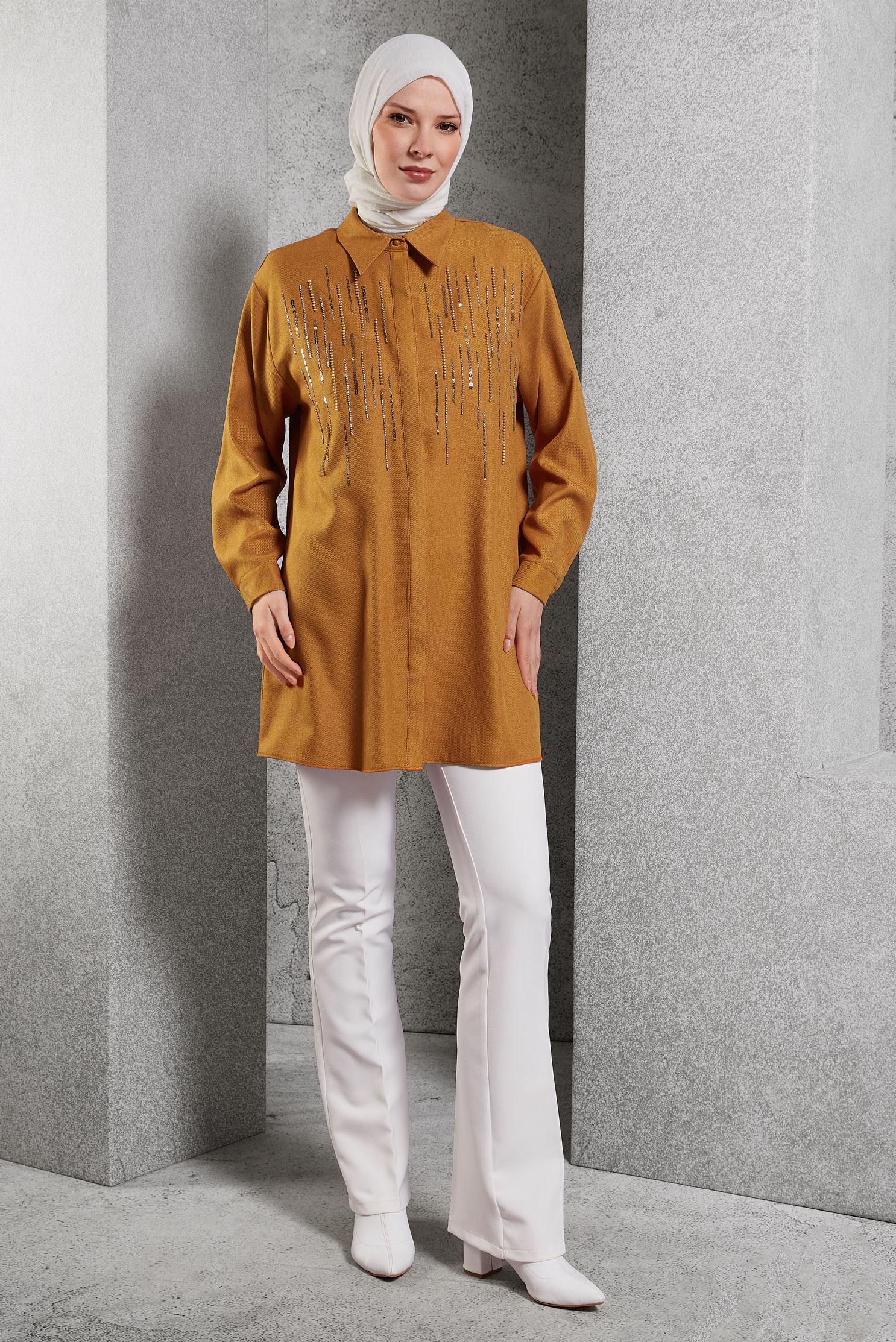 Tesettür giyim SARI PUL PAYET DETAYLI TUNİK 45063