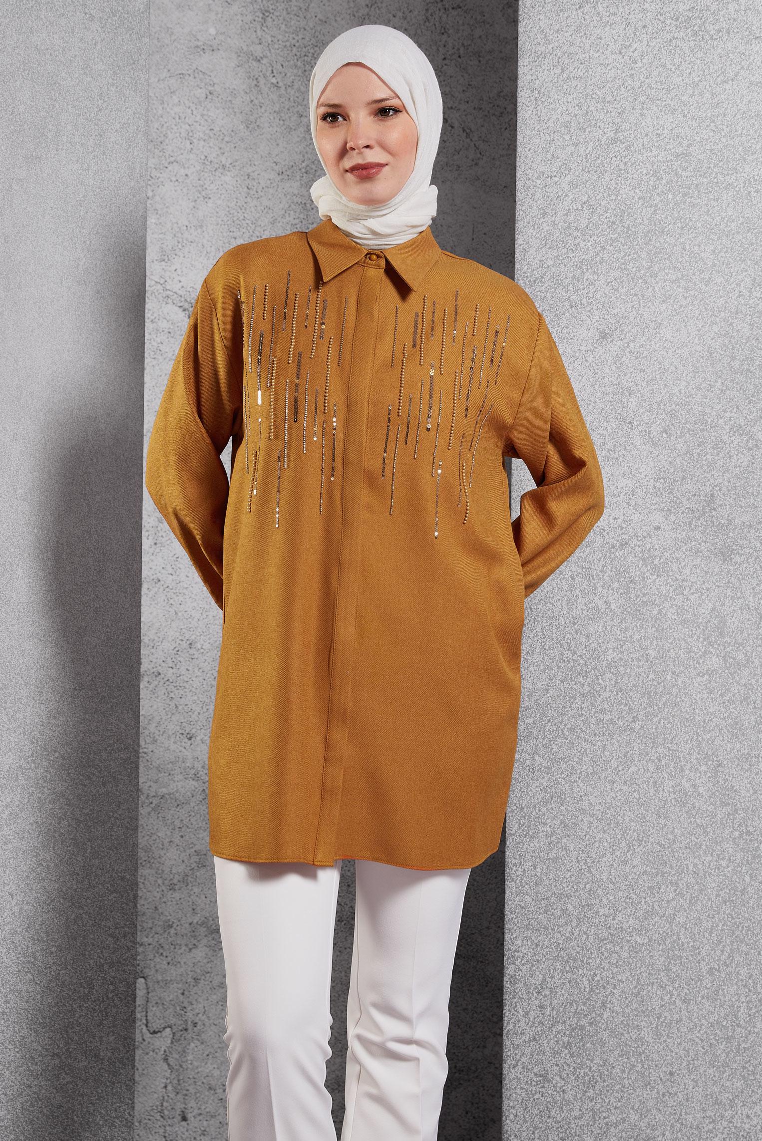 Tesettür giyim SARI PUL PAYET DETAYLI TUNİK 45063