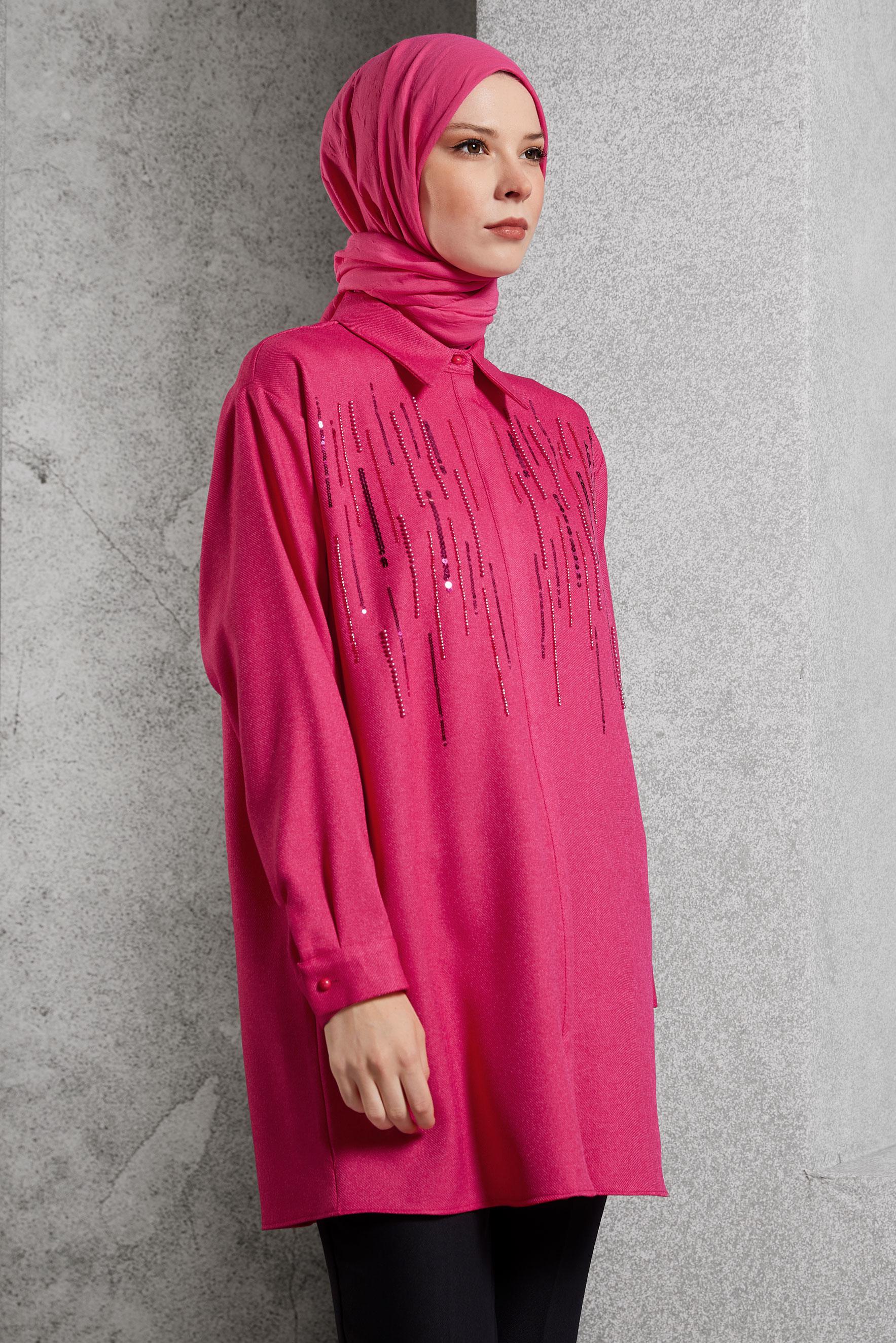 Tesettür giyim FUŞYA PUL PAYET DETAYLI TUNİK 45063