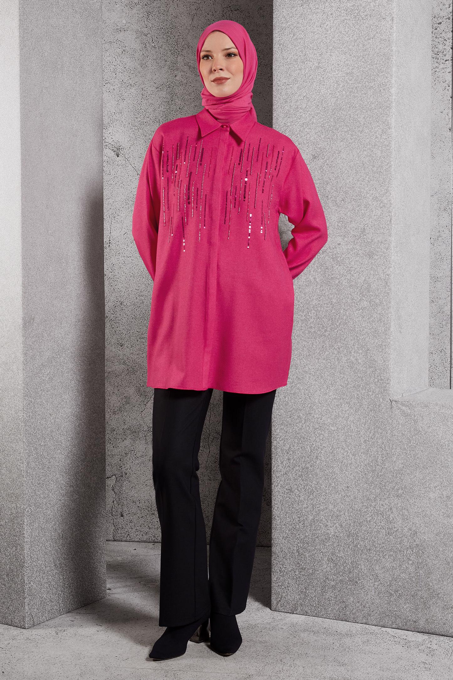 Tesettür giyim FUŞYA PUL PAYET DETAYLI TUNİK 45063