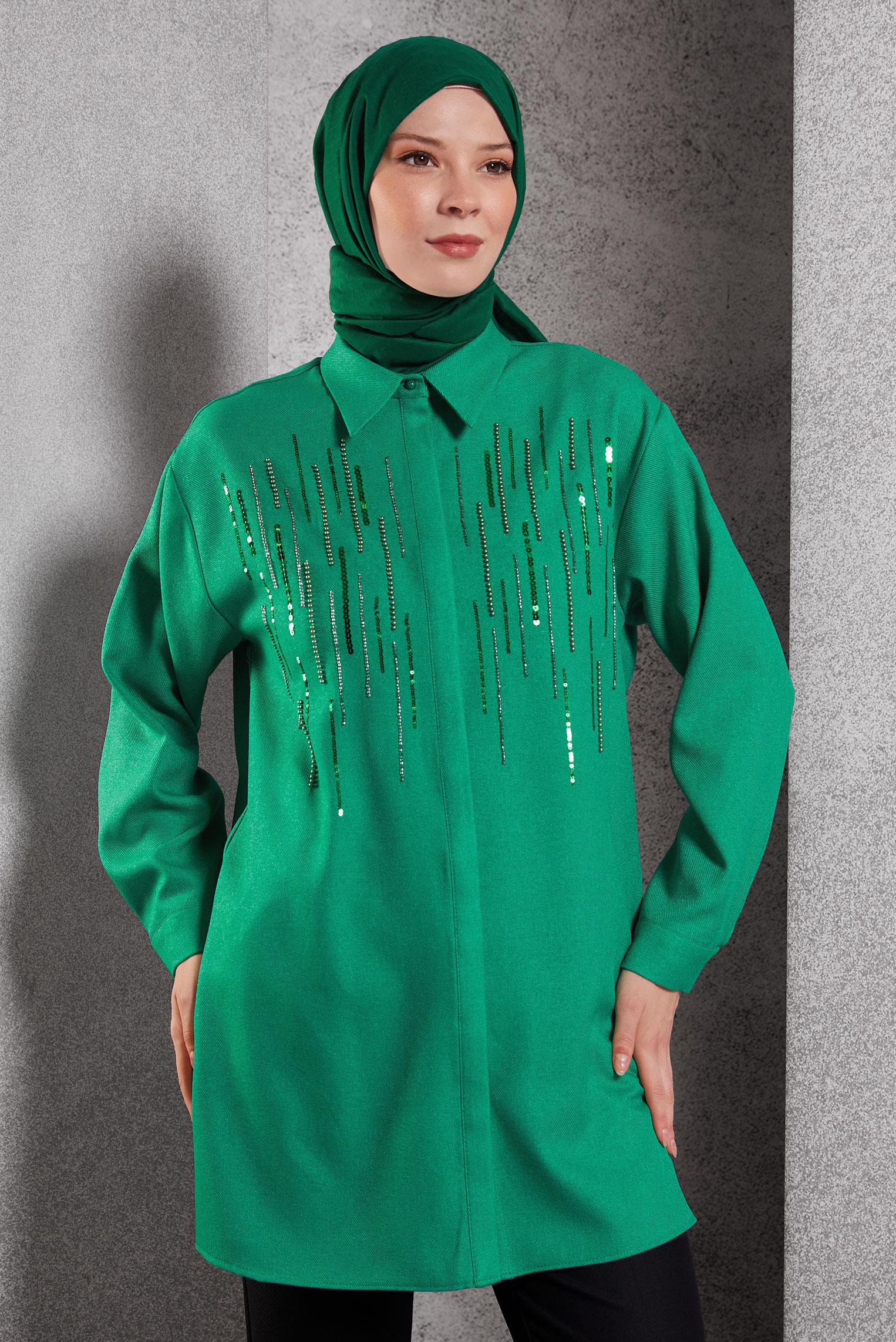Tesettür giyim YEŞİL PUL PAYET DETAYLI TUNİK 45063