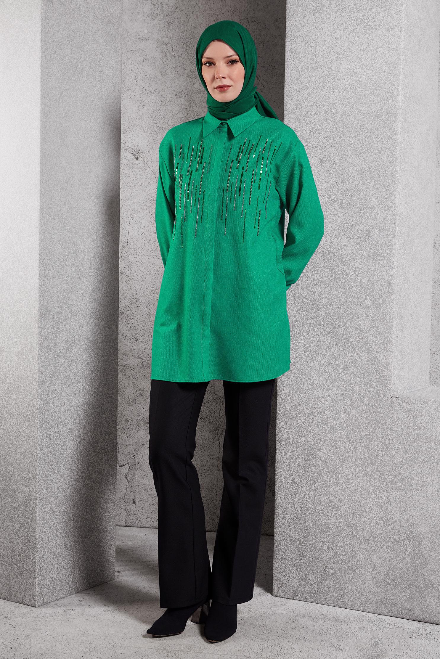 Tesettür giyim YEŞİL PUL PAYET DETAYLI TUNİK 45063