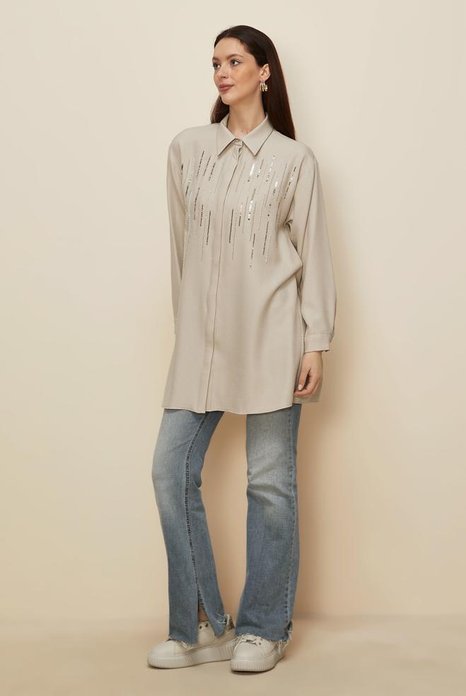 Vêtements hijab ÉCRUE TUNIQUE À PAILLETTES 45063 - ALVİNA